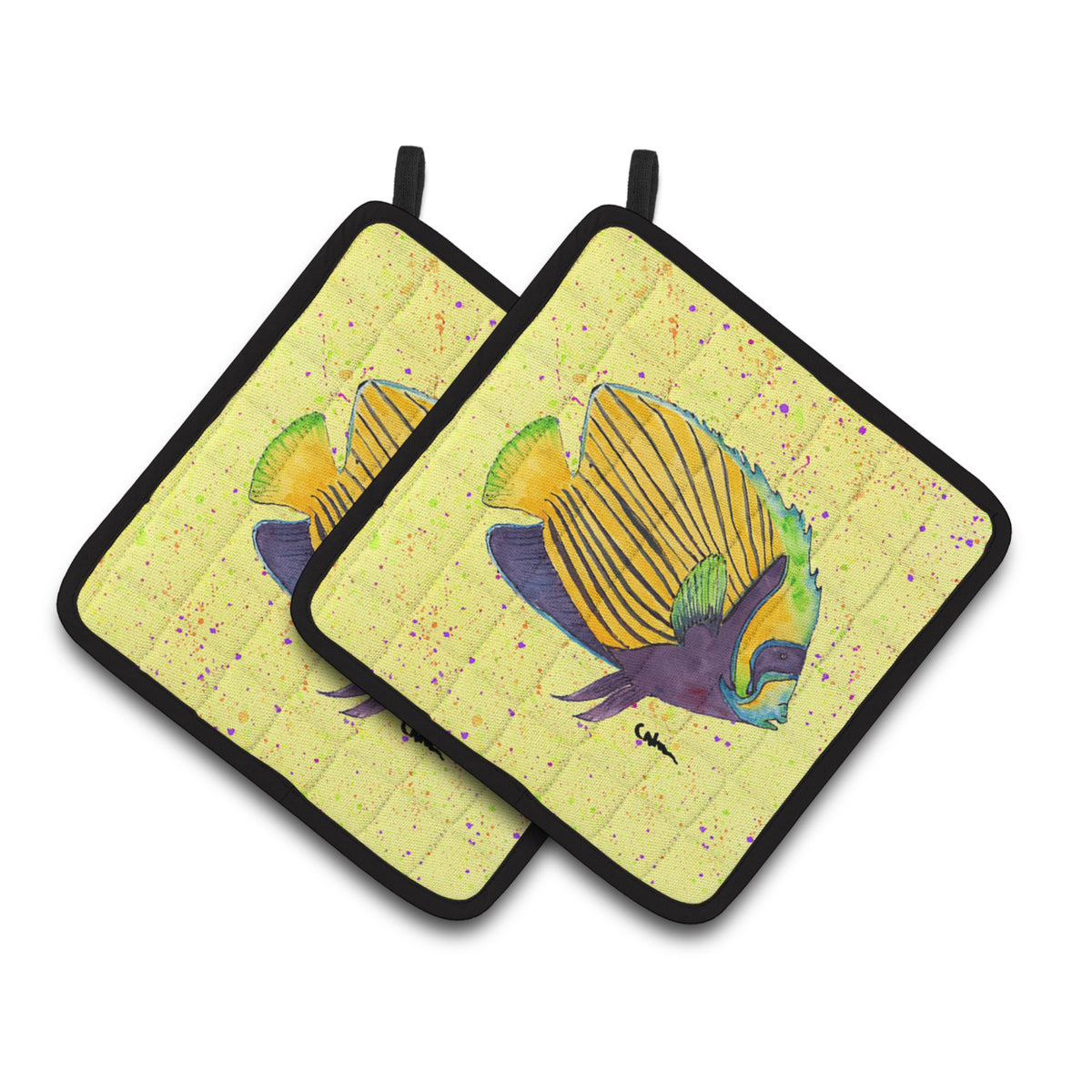 'Caroline'S Treasures Yellow Fish On Yellow Pair Of Pot Holders 8528Pthd, 7.5Hx7.5W, Multicolor''