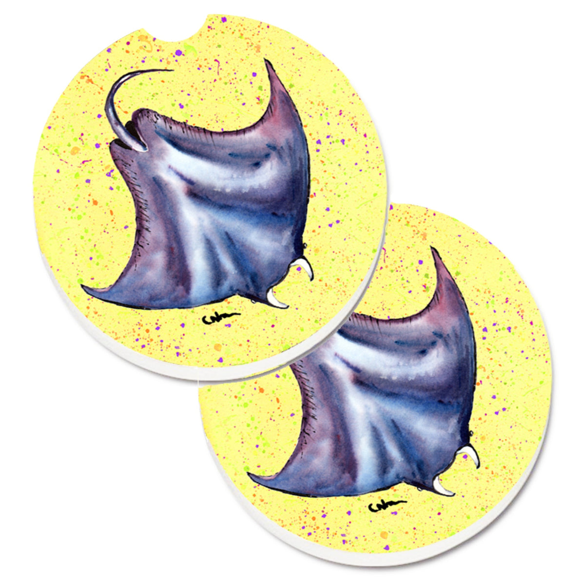 'Caroline'S Treasures Stingray On Yellow Set Of 2 Cup Holder Car Coasters 8531Carc, 2.56, Multicolor''