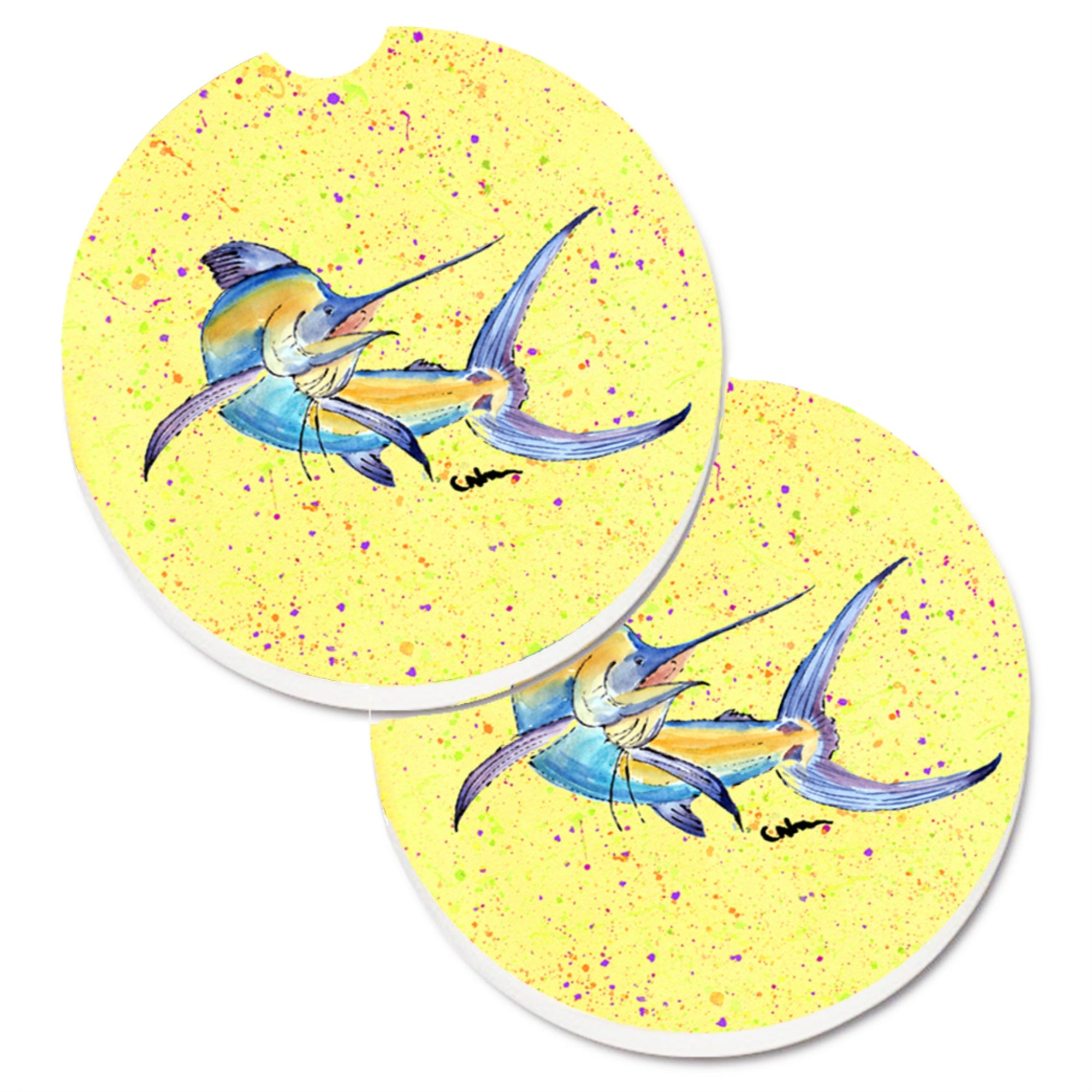 'Caroline'S Treasures Blue Marlin On Yellow Set Of 2 Cup Holder Car Coasters 8533Carc, 2.56, Multicolor''