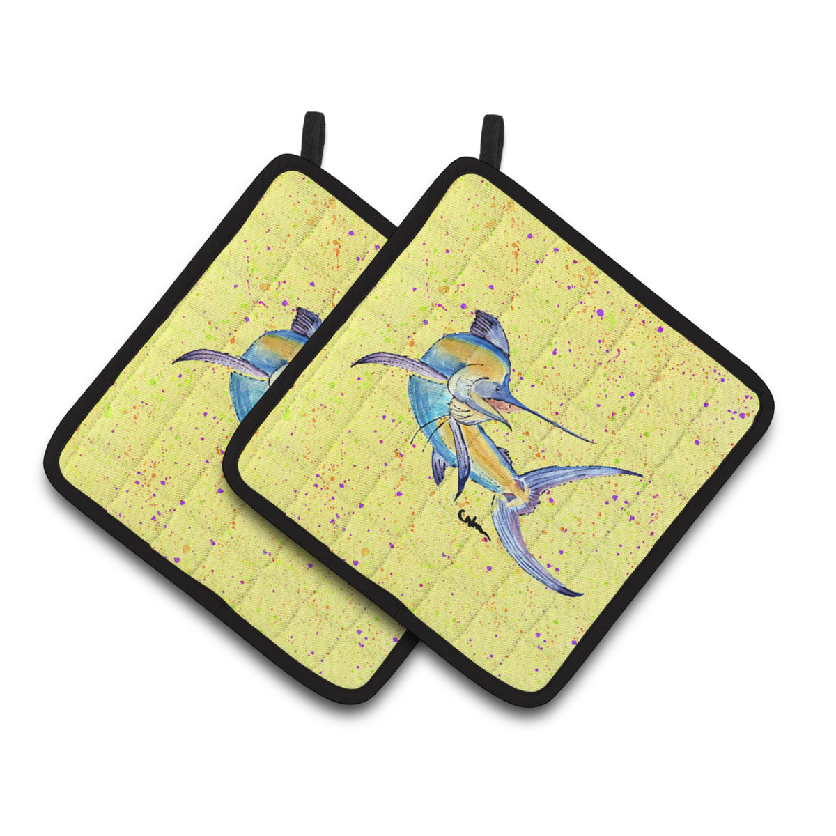 'Caroline'S Treasures Blue Marlin On Yellow Pair Of Pot Holders 8533Pthd, 7.5Hx7.5W, Multicolor''