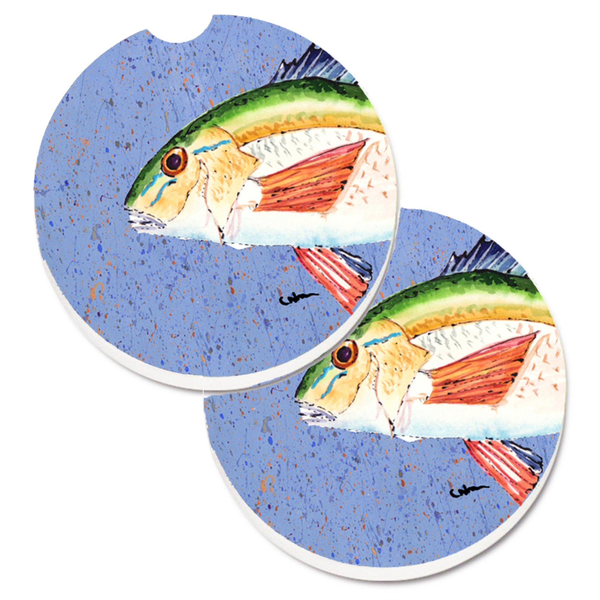 'Caroline'S Treasures Rainbow Trout On Blue Set Of 2 Cup Holder Car Coasters 8534Carc, 2.56, Multicolor''