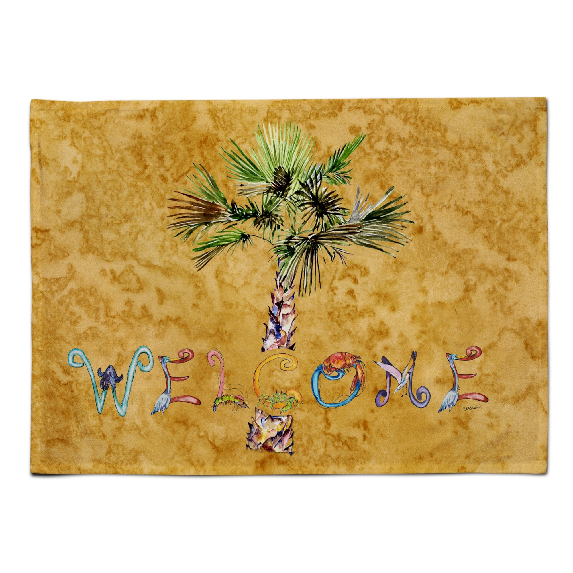 'Caroline'S Treasures 8709Plmt Welcome Palm Tree On Gold Fabric Placemat, Multicolor''