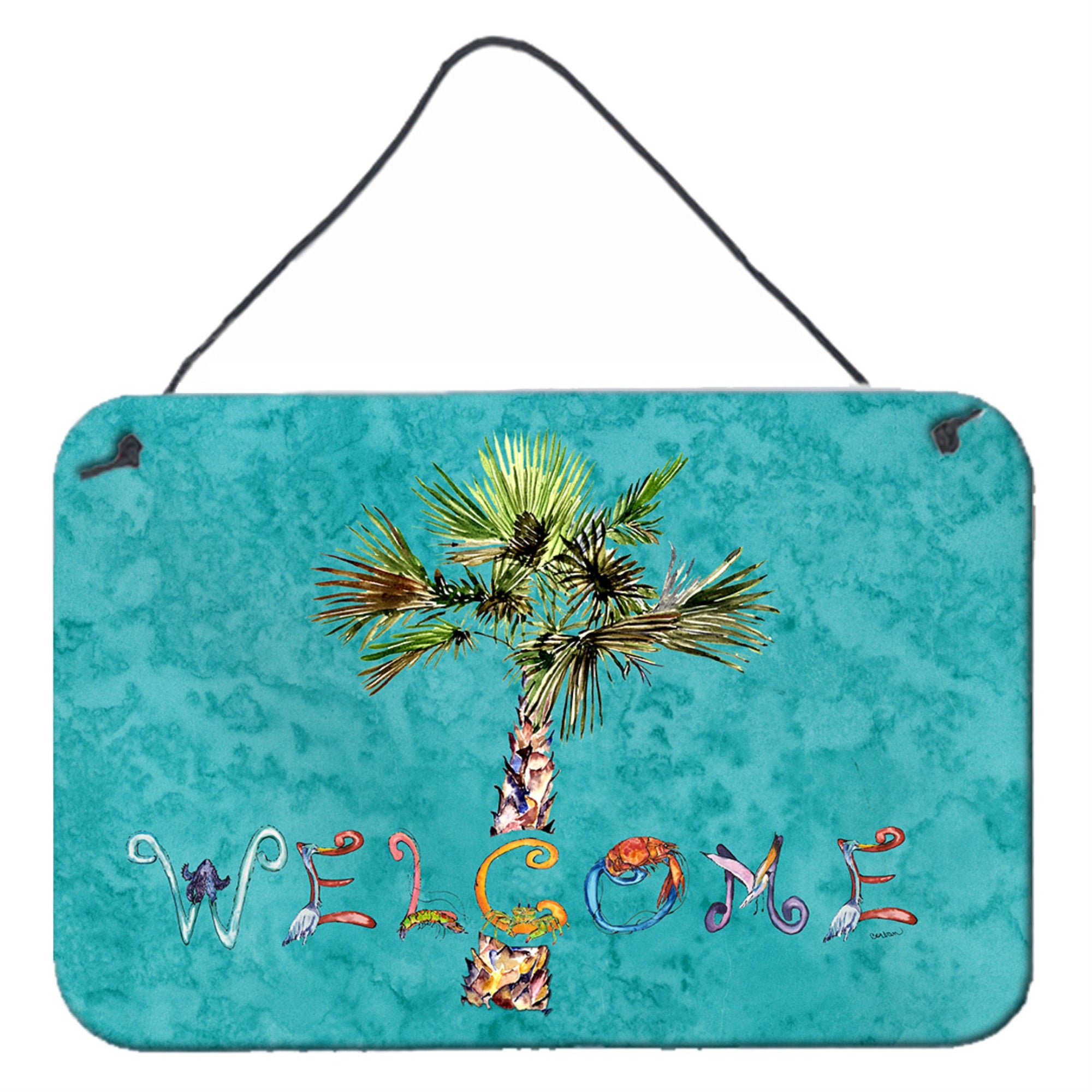 'Caroline'S Treasures 8711Ds812 Welcome Palm Tree On Teal Wall Or Door Hanging Prints, 8 X 12'''', Multicolor''
