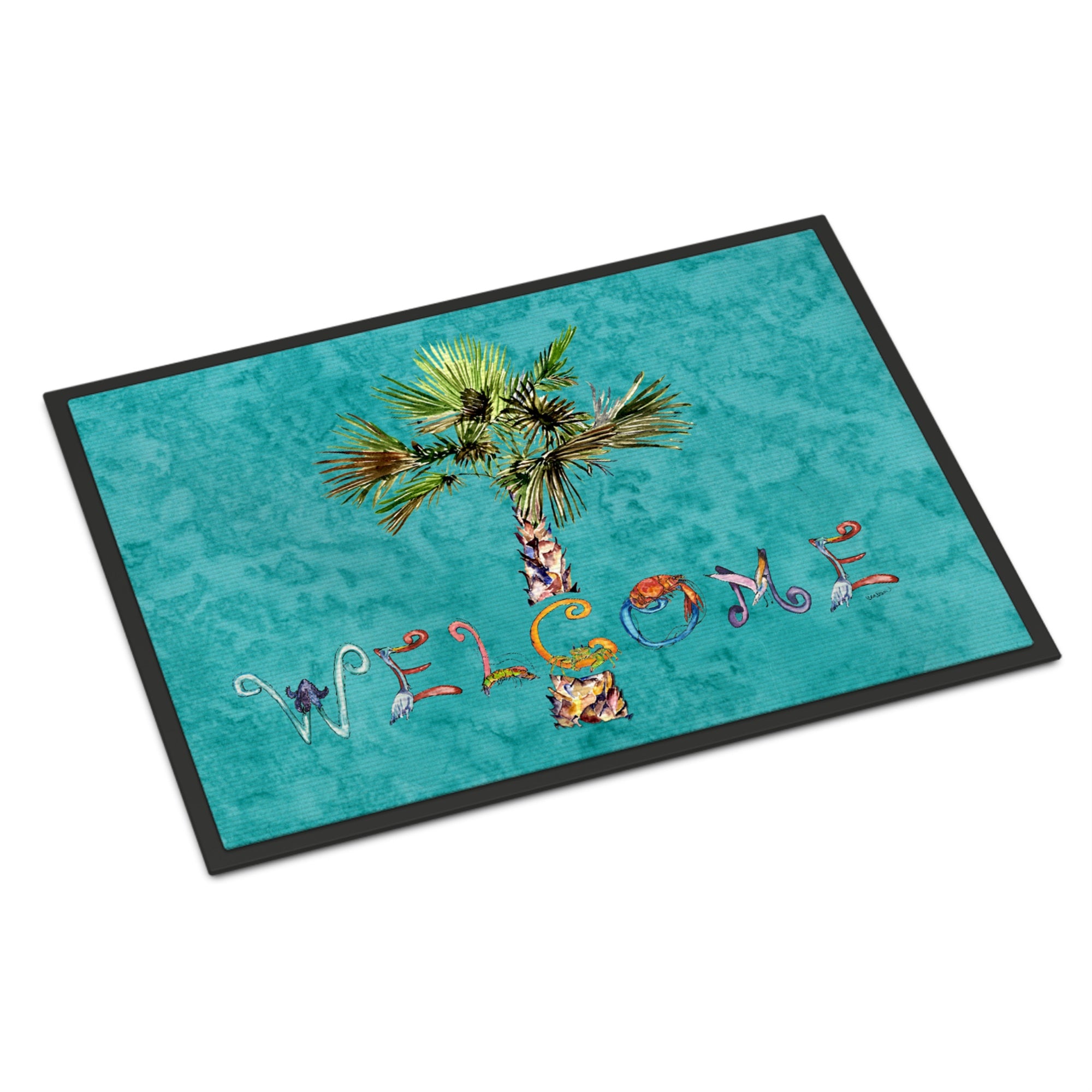 'Caroline'S Treasures 8711Mat Welcome Palm Tree On Teal Indoor Or Outdoor Mat, 18 X 27'''', Multicolor''