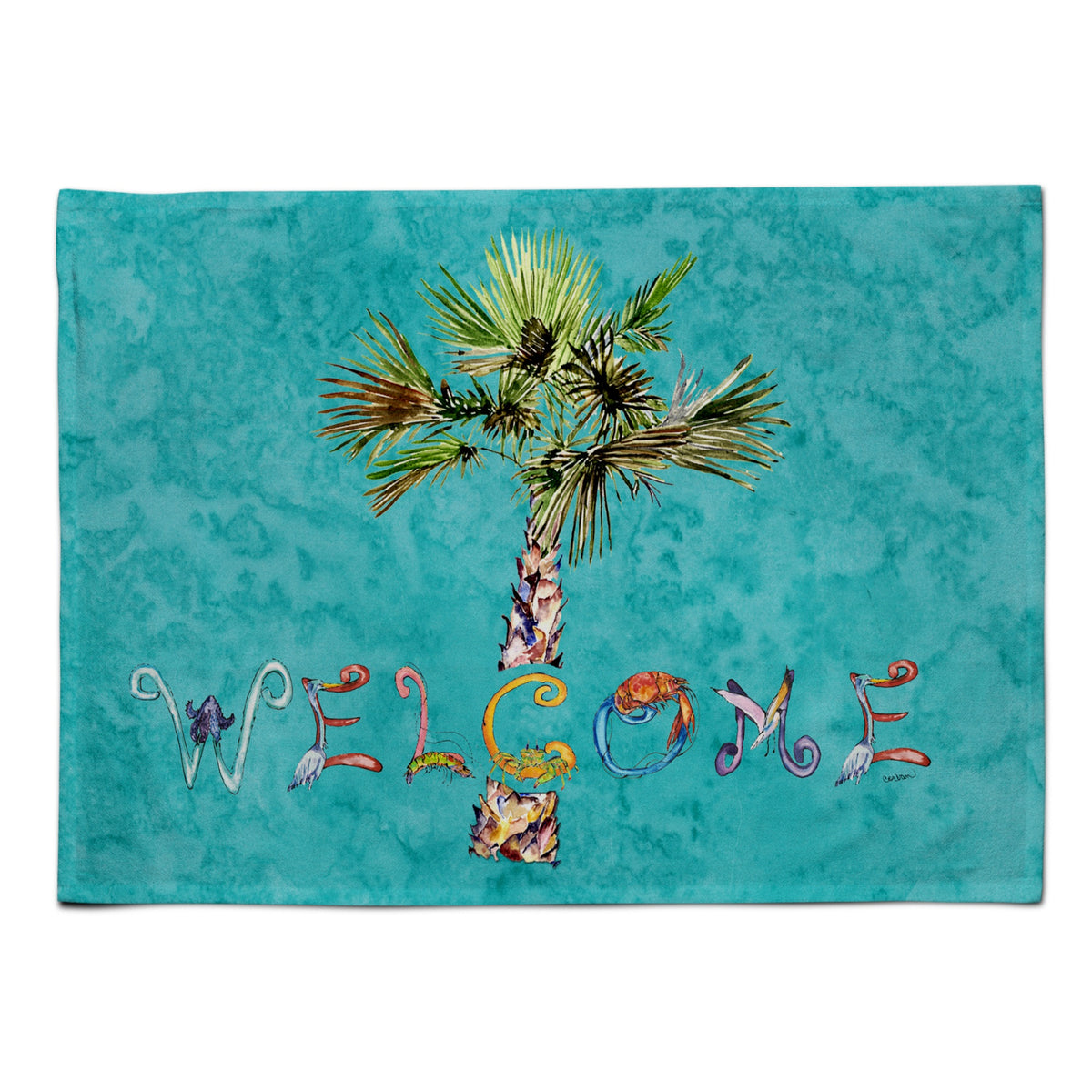 'Caroline'S Treasures 8711Plmt Welcome Palm Tree On Teal Fabric Placemat, Multicolor''