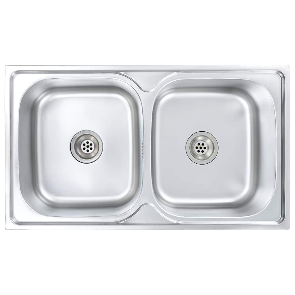 Vidaxl Kitchen Sink Double Basin With Strainer & Trap Stainless Steel