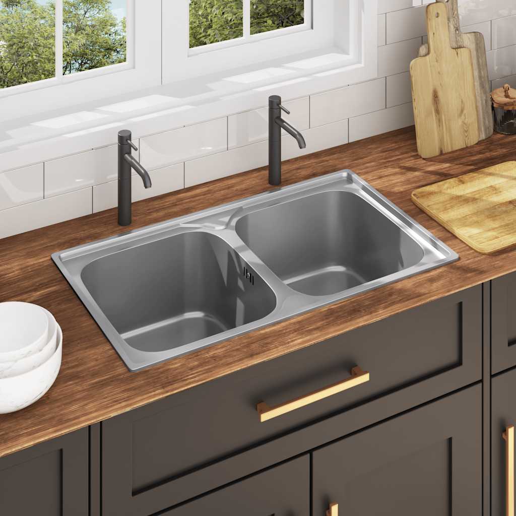 Vidaxl Kitchen Sink Double Basin With Strainer & Trap Stainless Steel