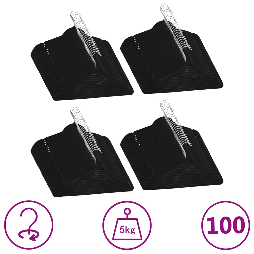 Vidaxl 100 Pcs Clothes Hanger Set Anti-Slip Black Velvet