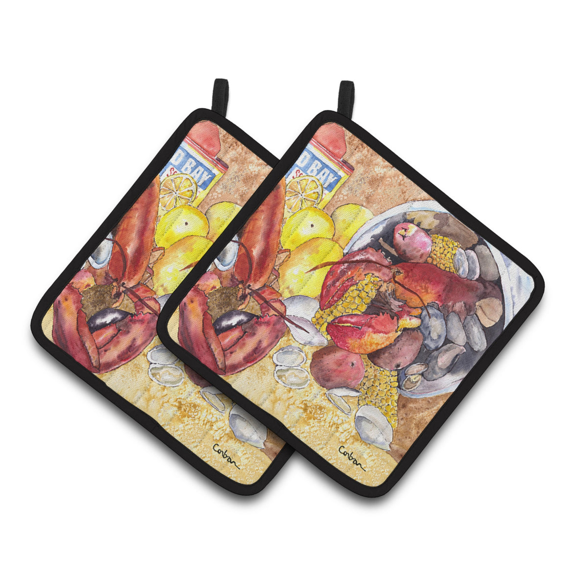 'Caroline'S Treasures Lobster With Old Bay Pair Of Pot Holders 8719Pthd, 7.5Hx7.5W, Multicolor''