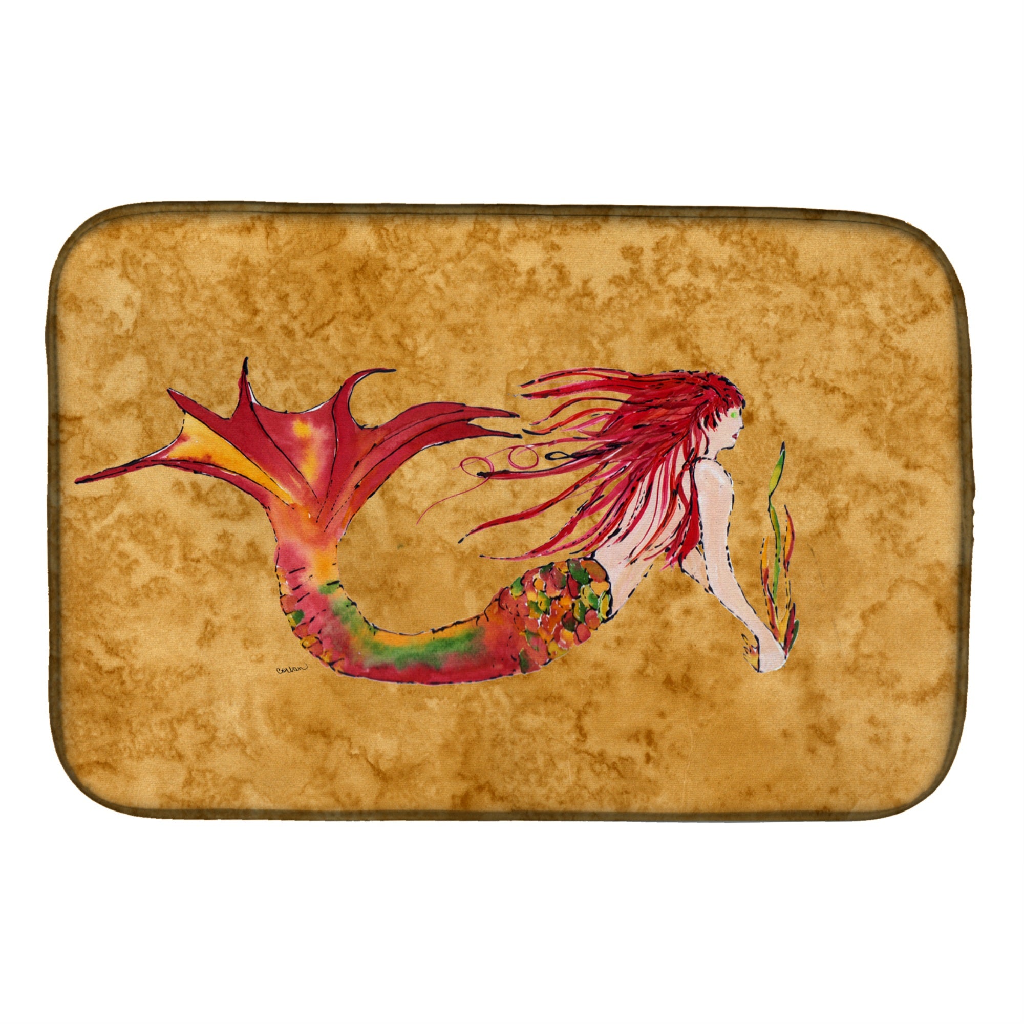 'Caroline'S Treasures Ginger Red Headed Mermaid On Gold Dish Drying Mat, 14'''' X 21'''', Multicolor''