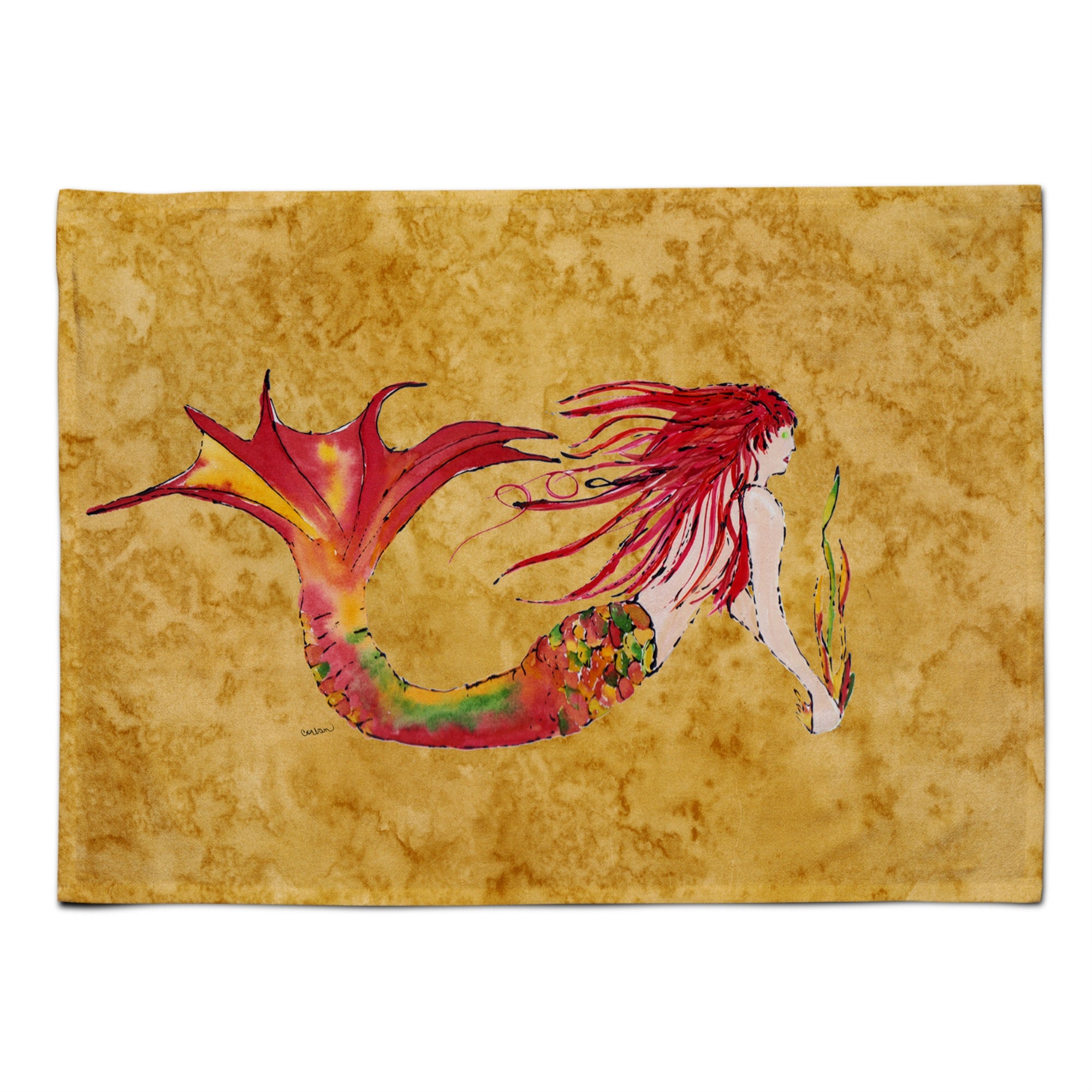 'Caroline'S Treasures 8727Plmt Ginger Red Headed Mermaid On Gold Fabric Placemat, Multicolor''