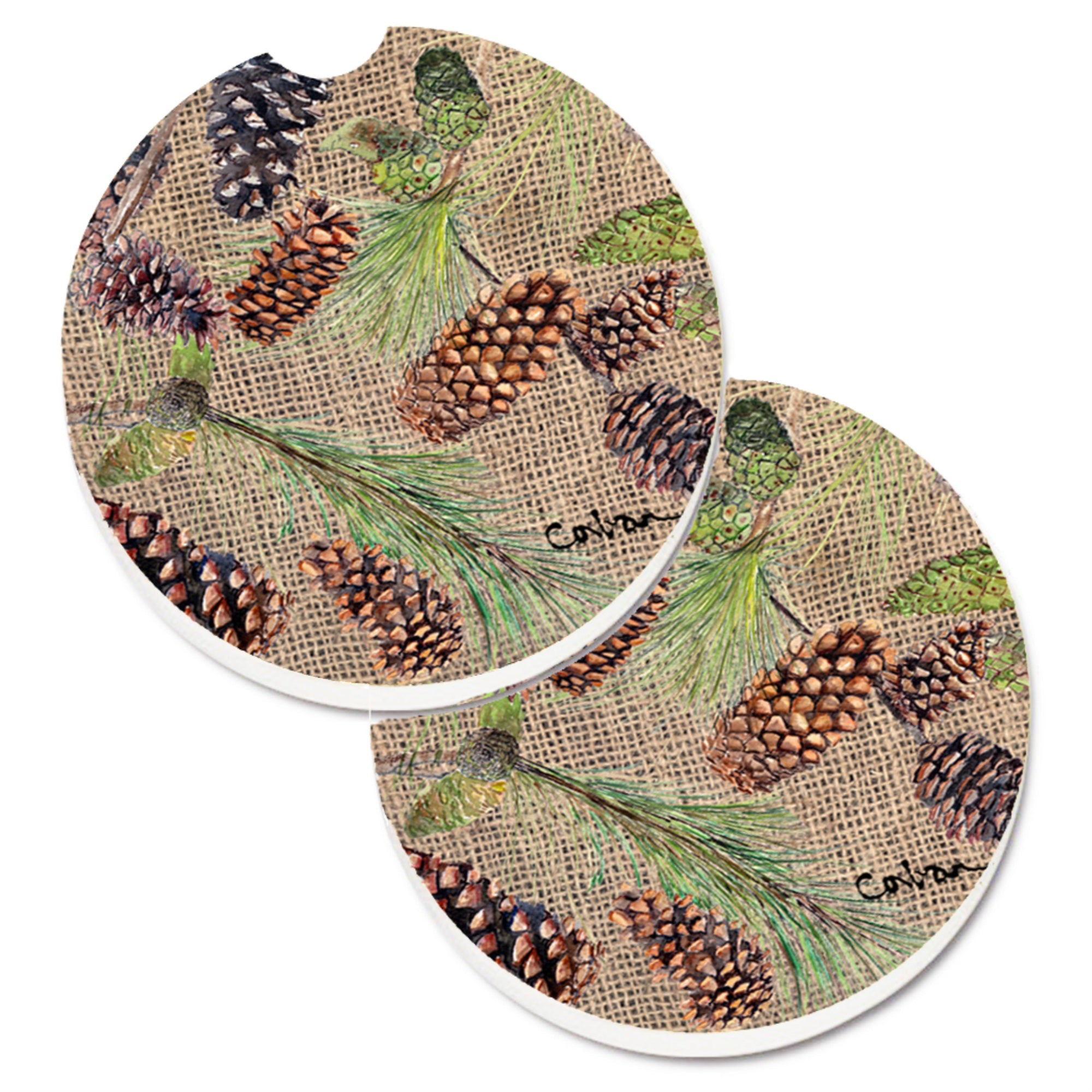 'Caroline'S Treasures Pine Cones Set Of 2 Cup Holder Car Coasters 8735Carc, 2.56, Multicolor''