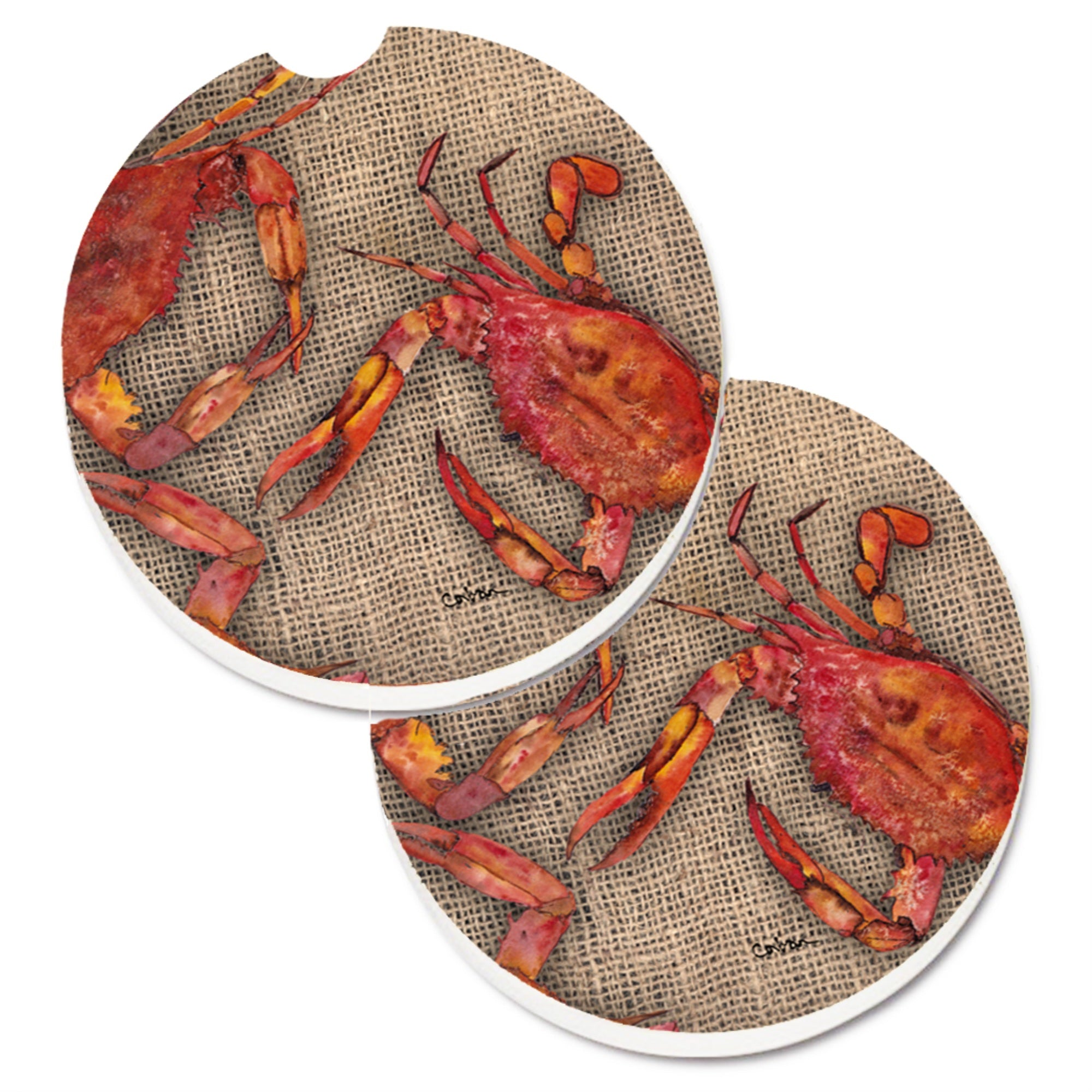 'Caroline'S Treasures Cooked Crabs On Faux Burlap Set Of 2 Cup Holder Car Coasters 8742Carc, 2.56, Multicolor''