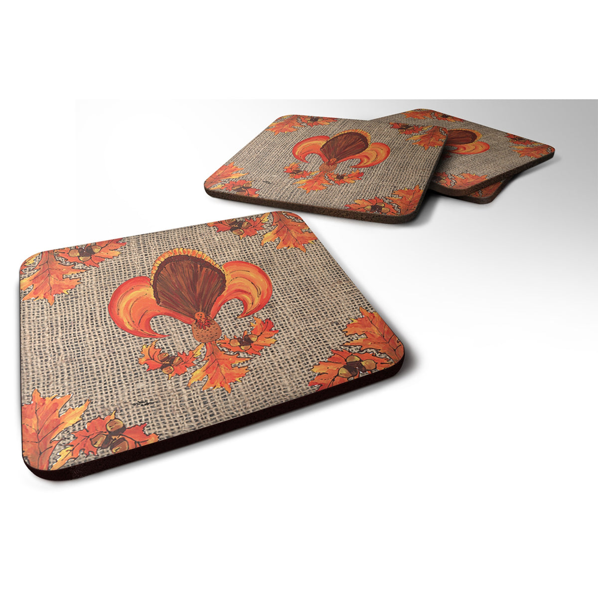 'Caroline'S Treasures 8744Fc Thanksgiving Turkey Fleur De Lis Foam Coasters (Set Of 4), 3.5'''' H X 3.5'''' W, Multicolor''