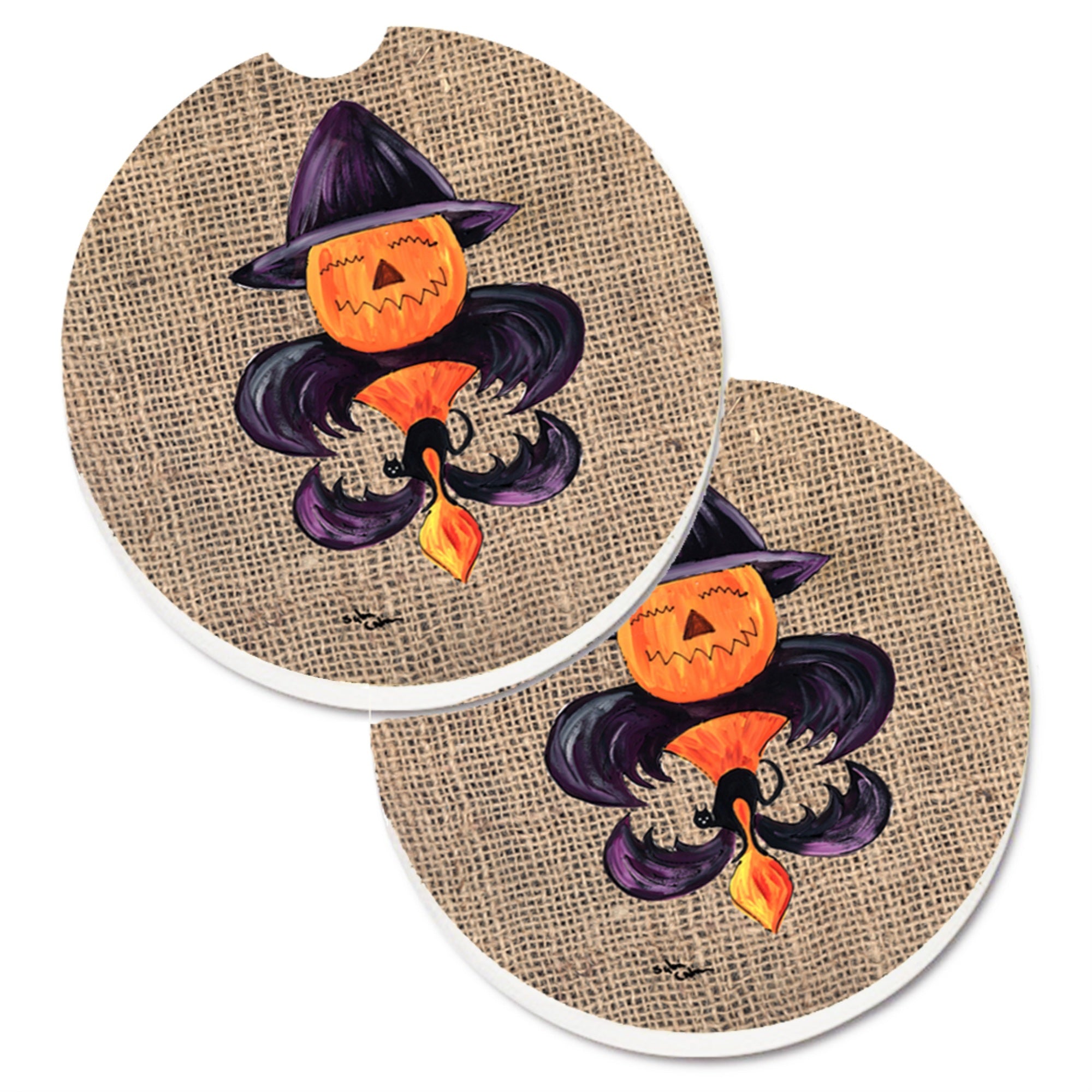 'Caroline'S Treasures Halloween Pumpkin Bat Fleur De Lis Set Of 2 Cup Holder Car Coasters 8748Carc, 2.56, Multicolor''