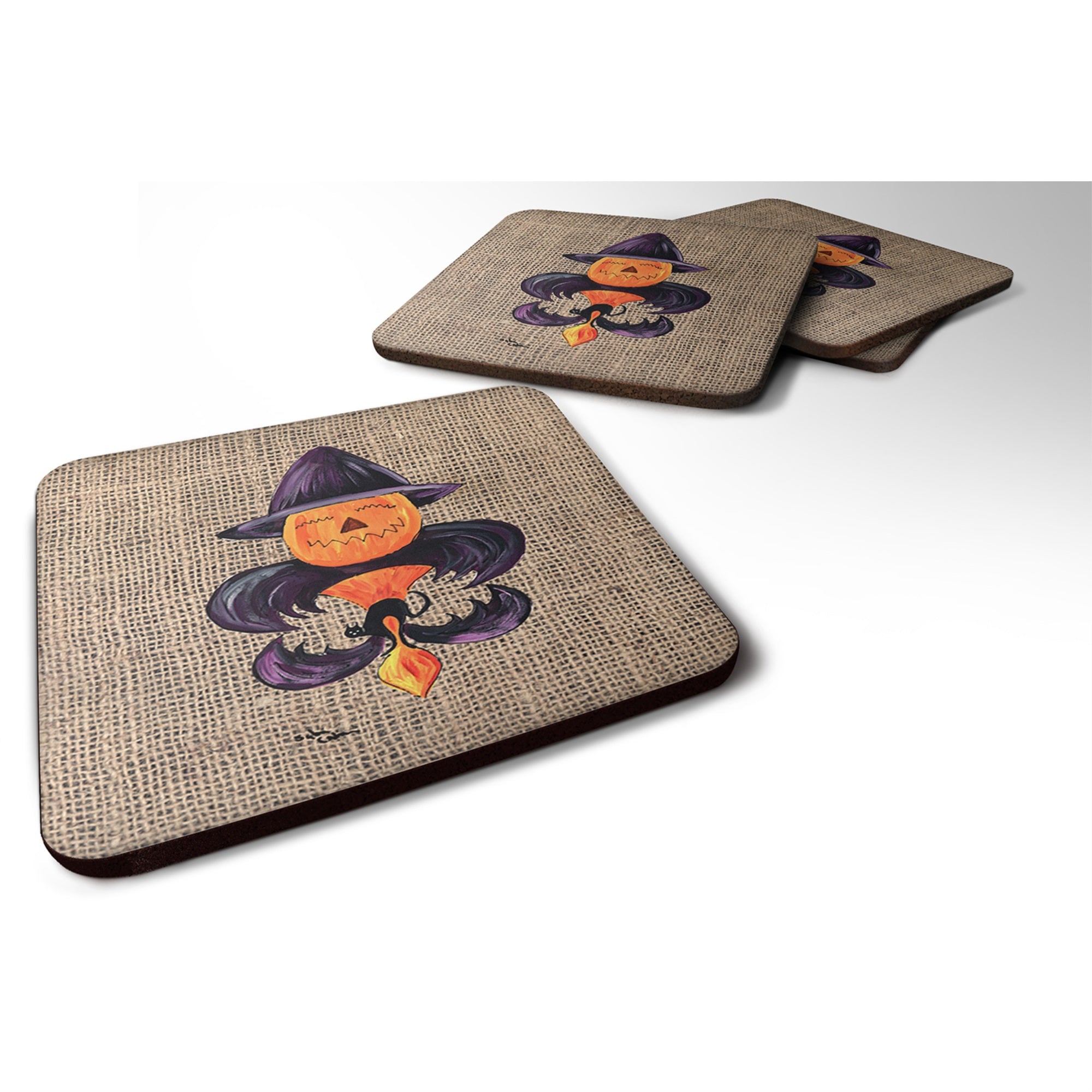 'Caroline'S Treasures 8748Fc Halloween Pumpkin Bat Fleur De Lis Foam Coasters (Set Of 4), 3.5'''' H X 3.5'''' W, Multicolor''