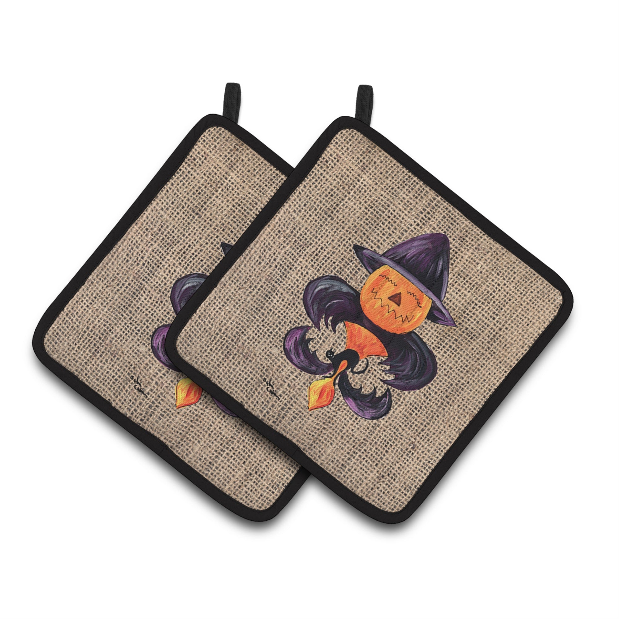 'Caroline'S Treasures Halloween Pumpkin Bat Fleur De Lis Pair Of Pot Holders 8748Pthd, 7.5Hx7.5W, Multicolor''