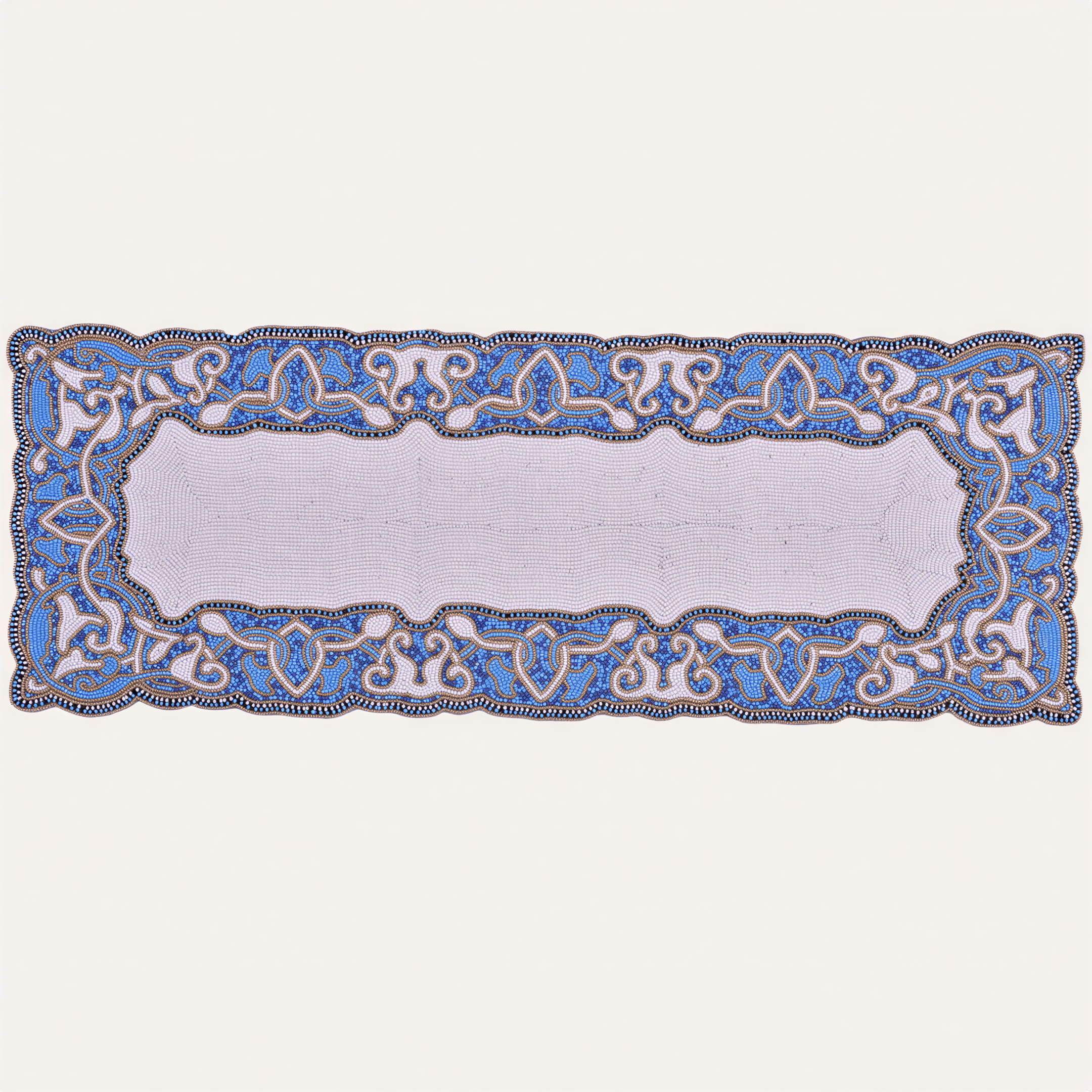 Beaded Table Runner - White Blue Satin Backing | Embroidered Glass Bead Decor