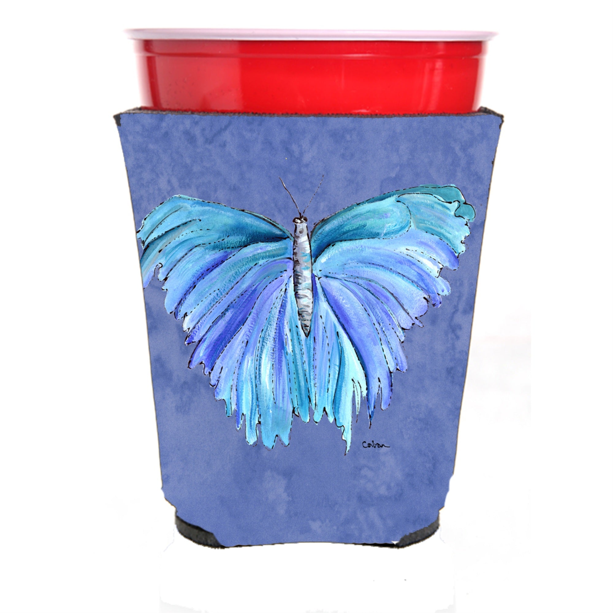 Butterfly On Slate Blue Red Solo Cup Beverage Insulator Hugger