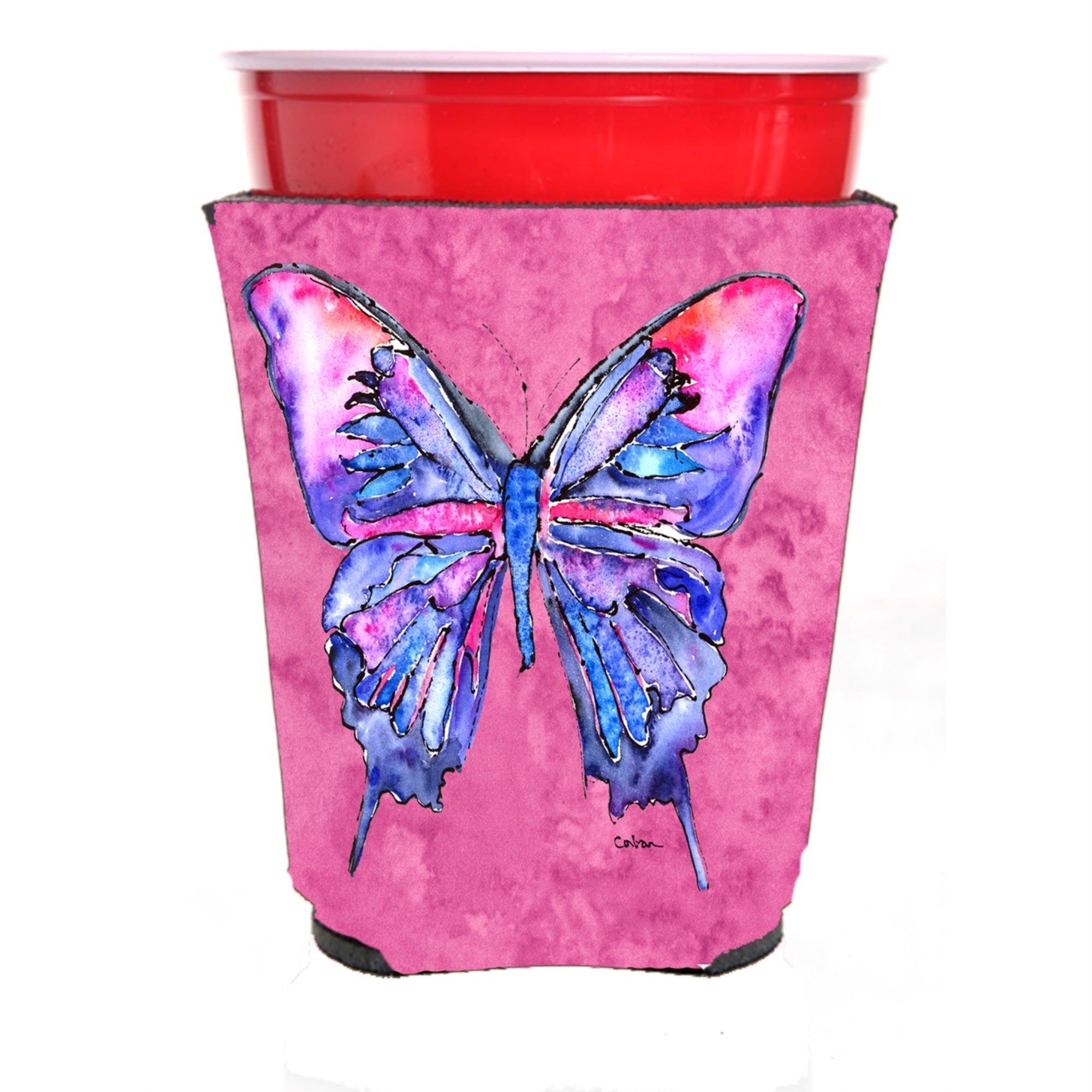 Butterfly On Pink Red Solo Cup Beverage Insulator Hugger