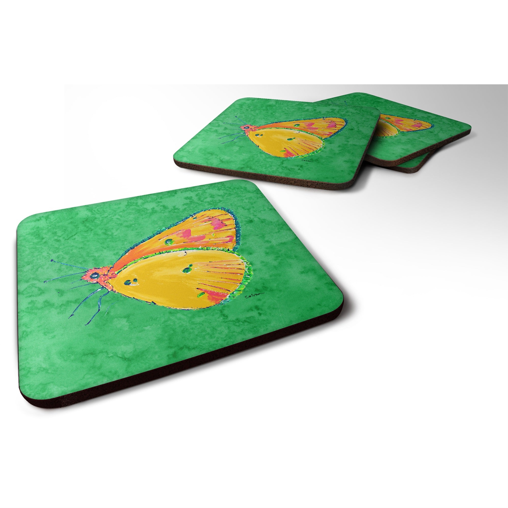 'Caroline'S Treasures 8861Fc Butterfly Orange On Green Foam Coasters (Set Of 4), 3.5'''' H X 3.5'''' W, Multicolor''