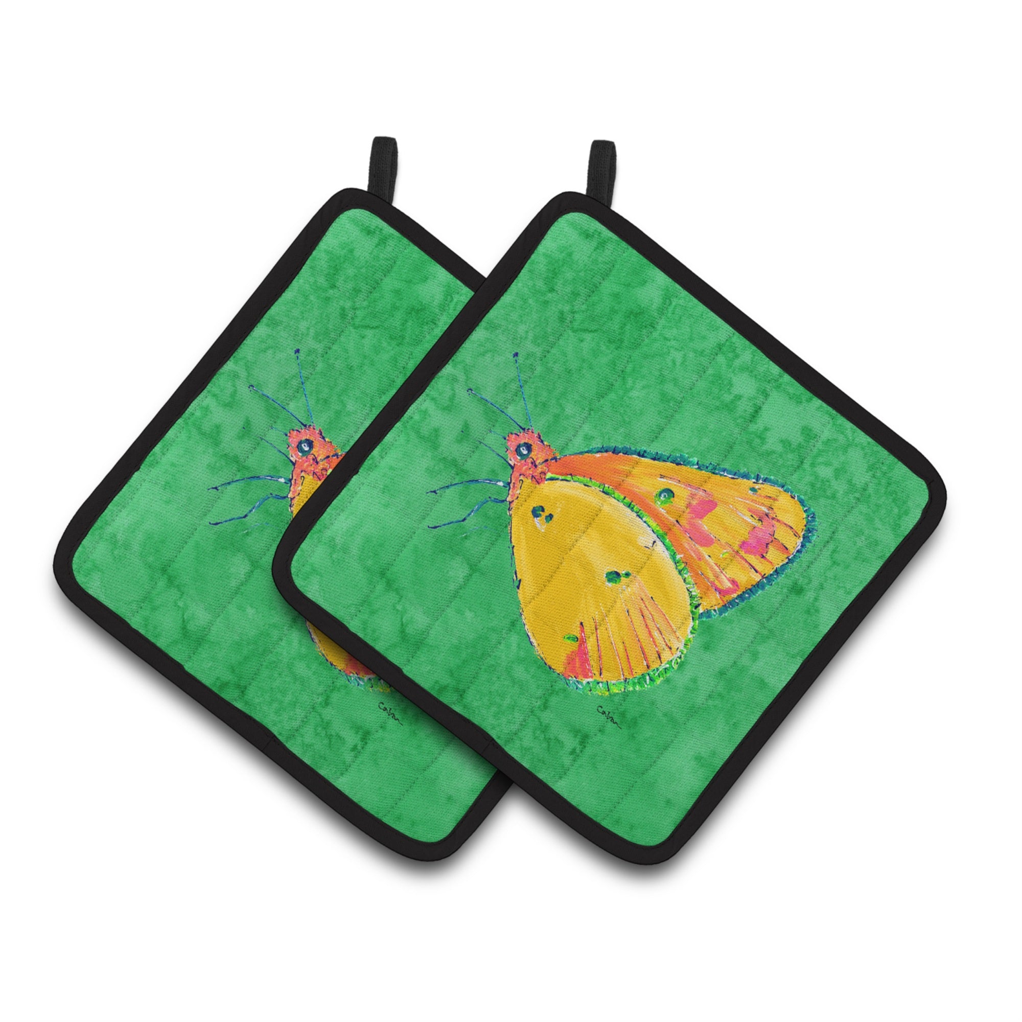 'Caroline'S Treasures Butterfly Orange On Green Pair Of Pot Holders 8861Pthd, 7.5Hx7.5W, Multicolor''