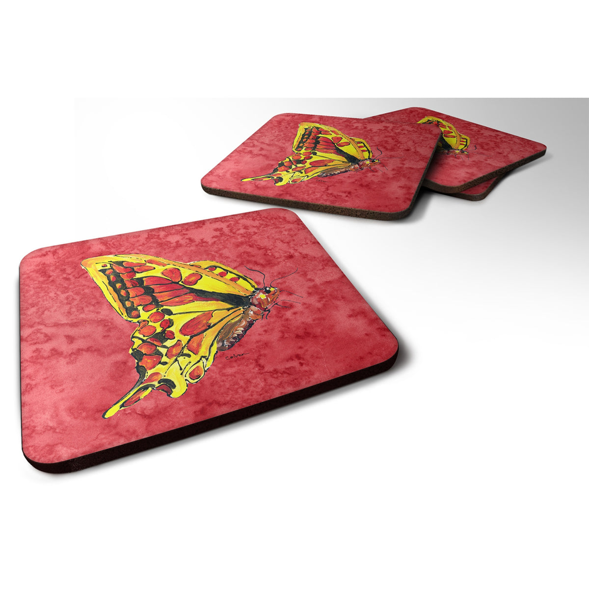 'Caroline'S Treasures 8862Fc Butterfly On Red Foam Coasters (Set Of 4), 3.5'''' H X 3.5'''' W, Multicolor''