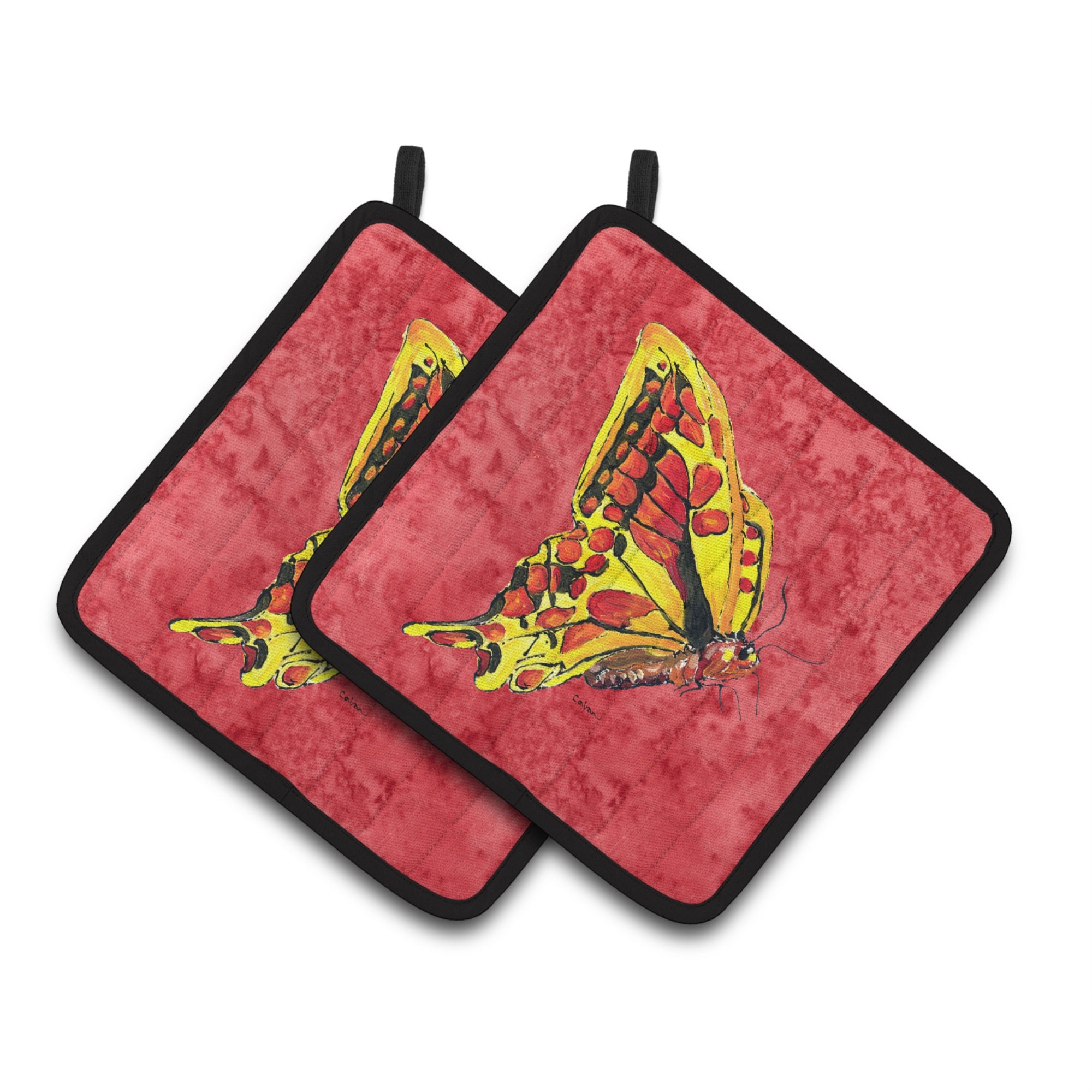 'Caroline'S Treasures Butterfly On Red Pair Of Pot Holders 8862Pthd, 7.5Hx7.5W, Multicolor''