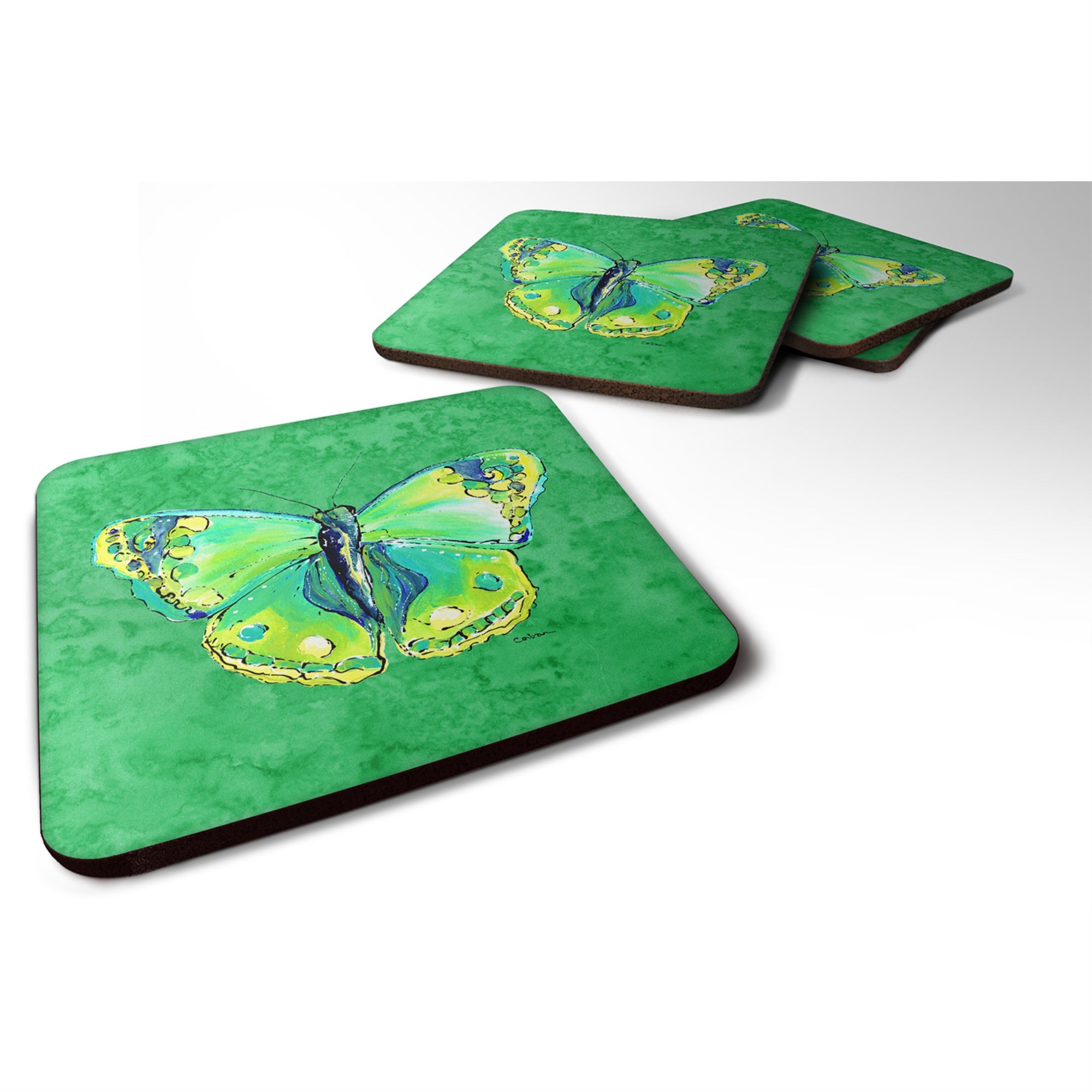 'Caroline'S Treasures 8863Fc Butterfly Green On Green Foam Coasters (Set Of 4), 3.5'''' H X 3.5'''' W, Multicolor''