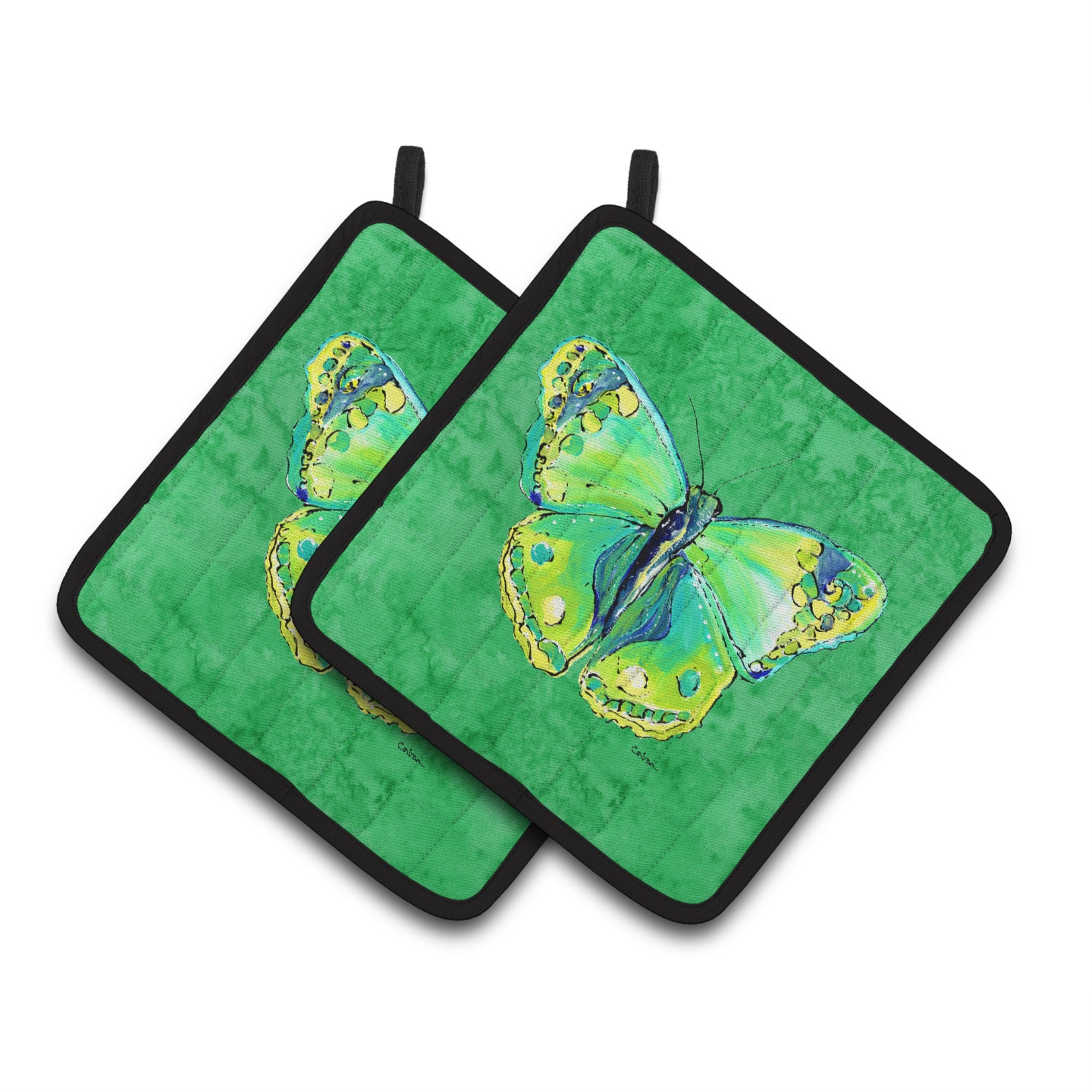 'Caroline'S Treasures Butterfly Green On Green Pair Of Pot Holders 8863Pthd, 7.5Hx7.5W, Multicolor''