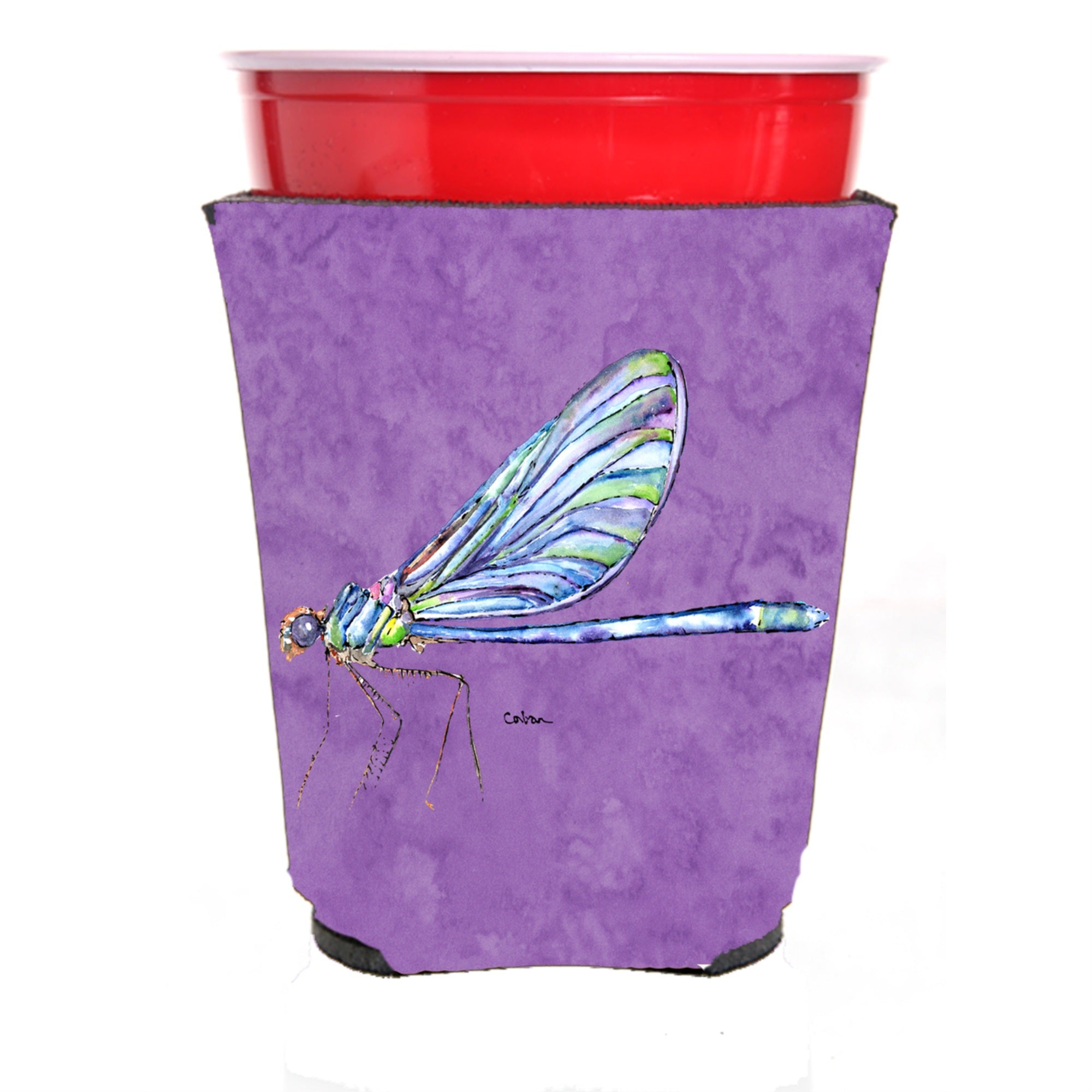 Dragonfly On Purple Red Solo Cup Beverage Insulator Hugger