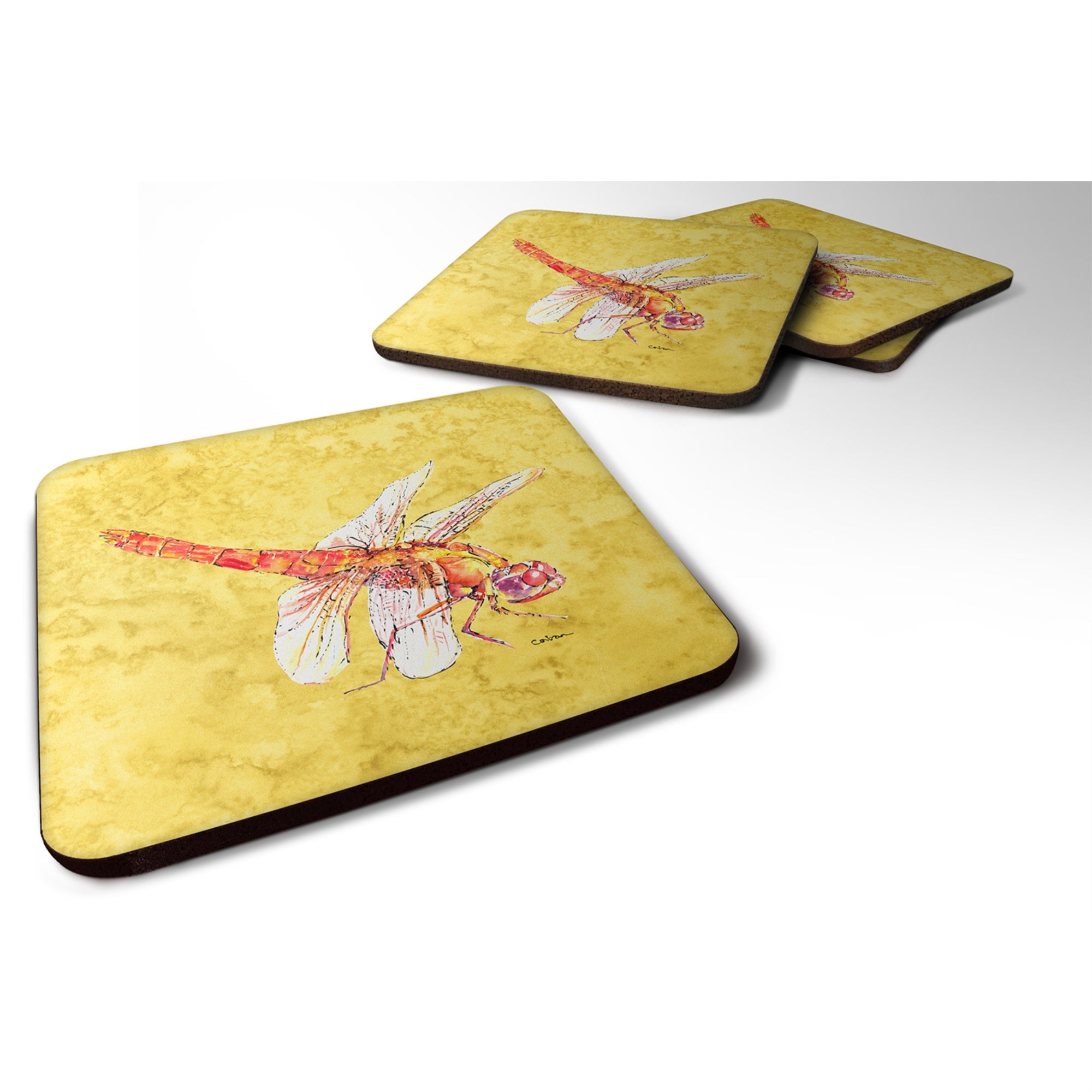 'Caroline'S Treasures 8866Fc Dragonfly On Yellow Foam Coasters (Set Of 4), 3.5'''' H X 3.5'''' W, Multicolor''