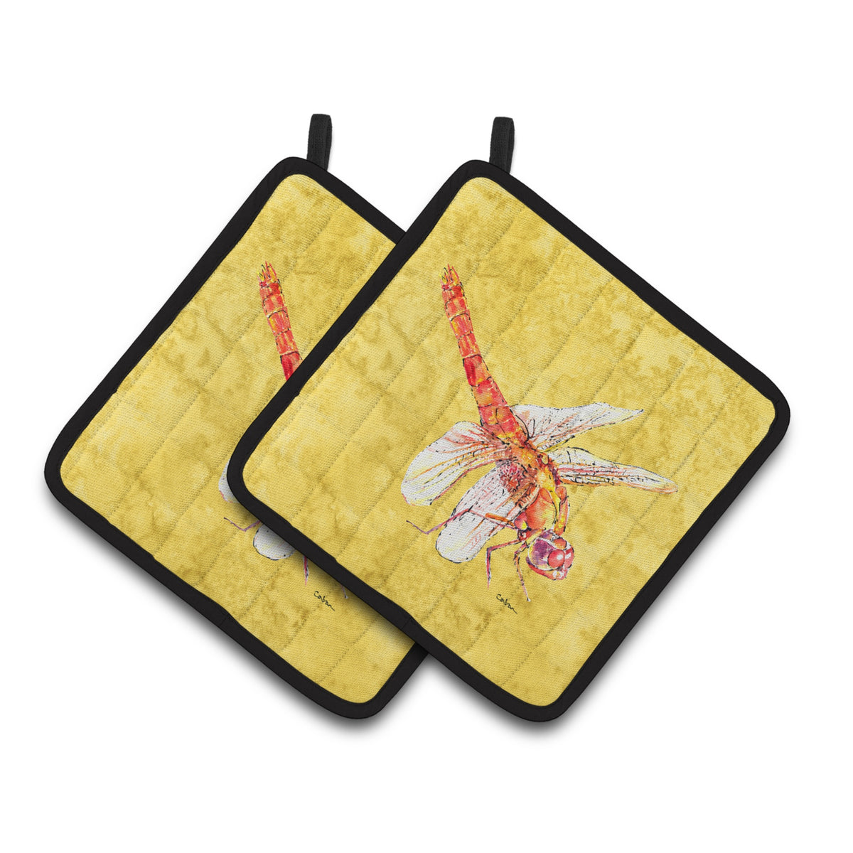 'Caroline'S Treasures Dragonfly On Yellow Pair Of Pot Holders 8866Pthd, 7.5Hx7.5W, Multicolor''