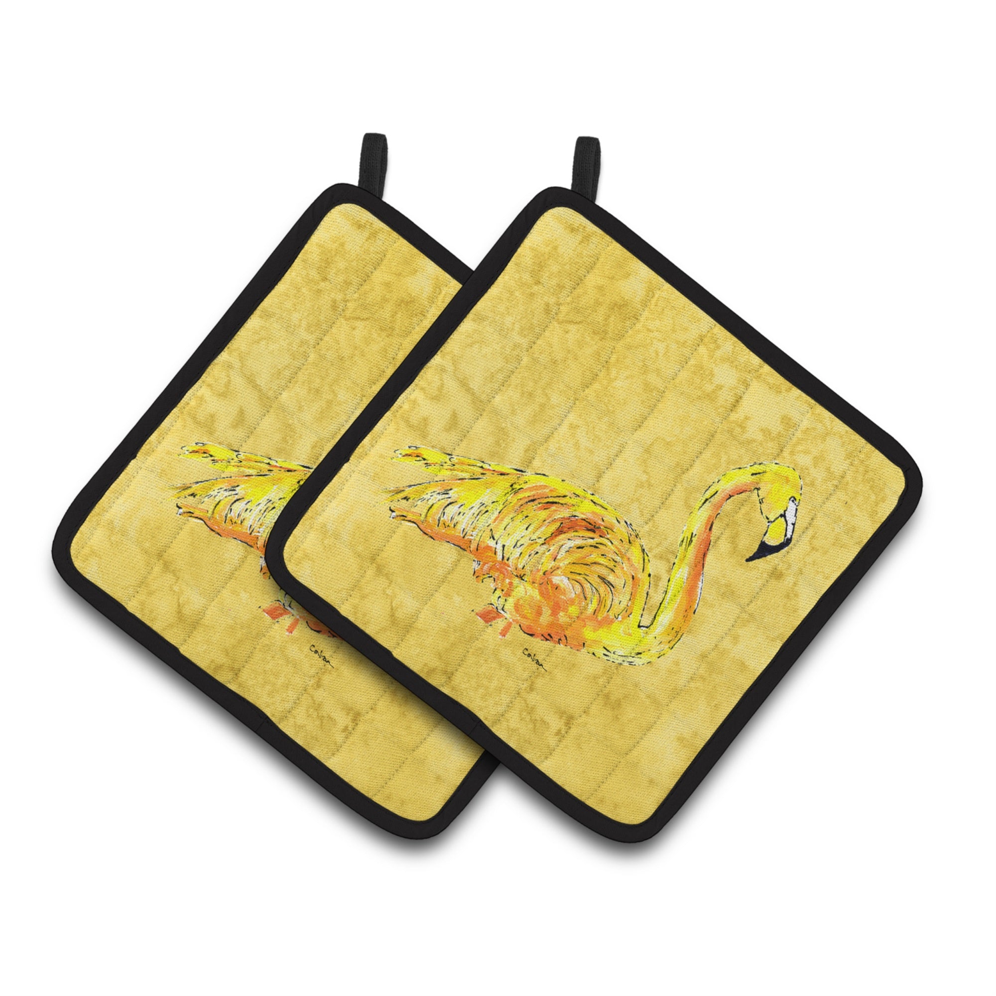 'Caroline'S Treasures Flamingo On Yellow Pair Of Pot Holders 8872Pthd, 7.5Hx7.5W, Multicolor''