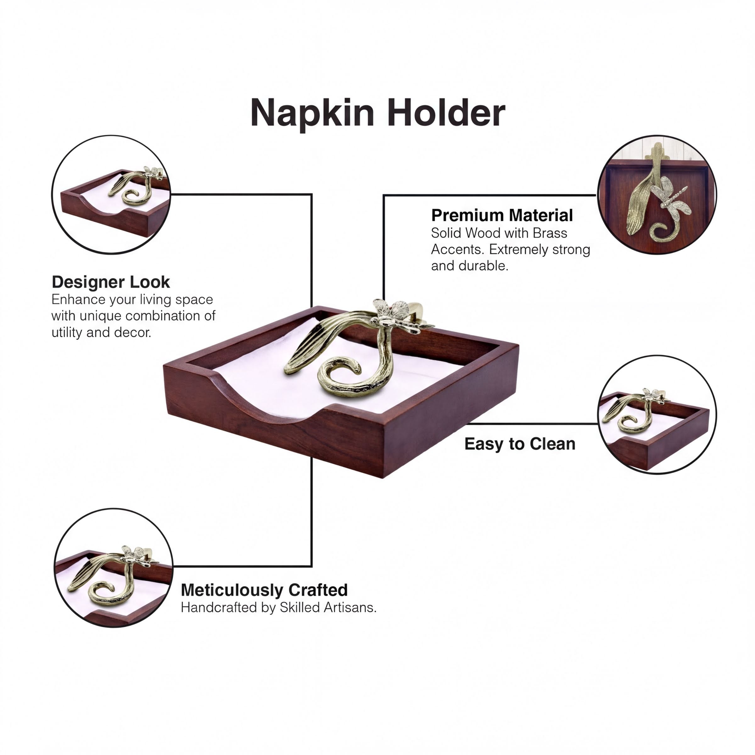 Wooden Napkin Holder - Silver Gold Metal Finish Ornament with Weighted Arm
