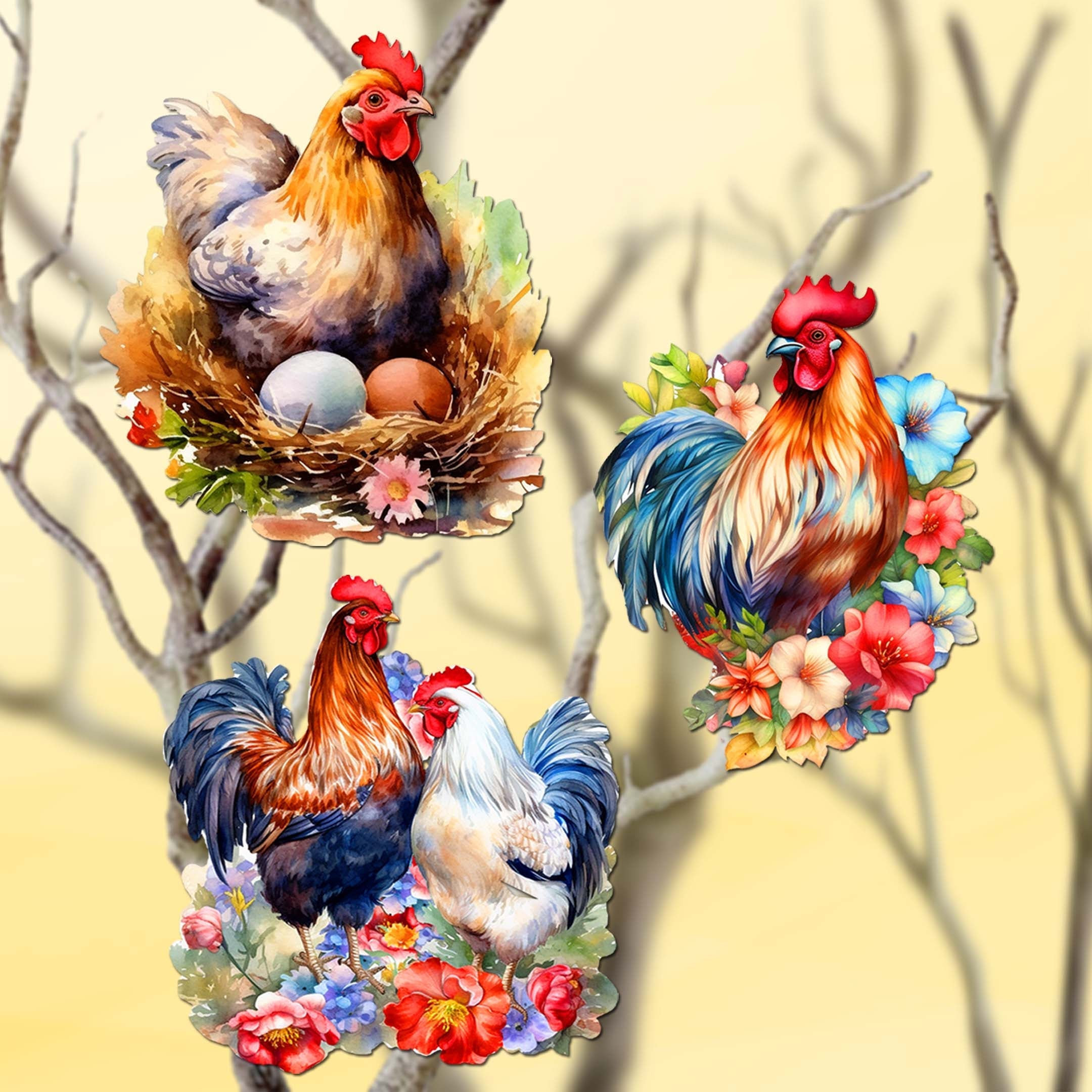 Spring on the Farm Clip-On Eco Wood Decorative Ornaments Set of 3 by G. Debrekht - Easter Decor - 8091056C-S3
