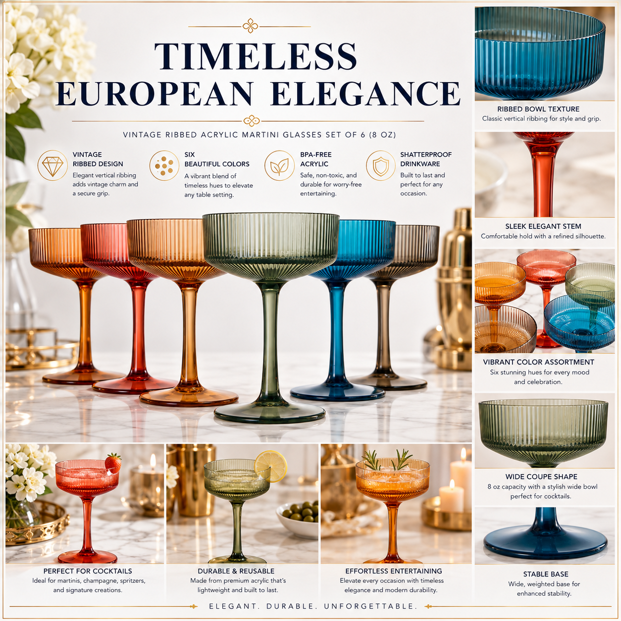 Eze Acrylic Ribbed Champagne Coupe, Cocktail Glassware, Set of 6