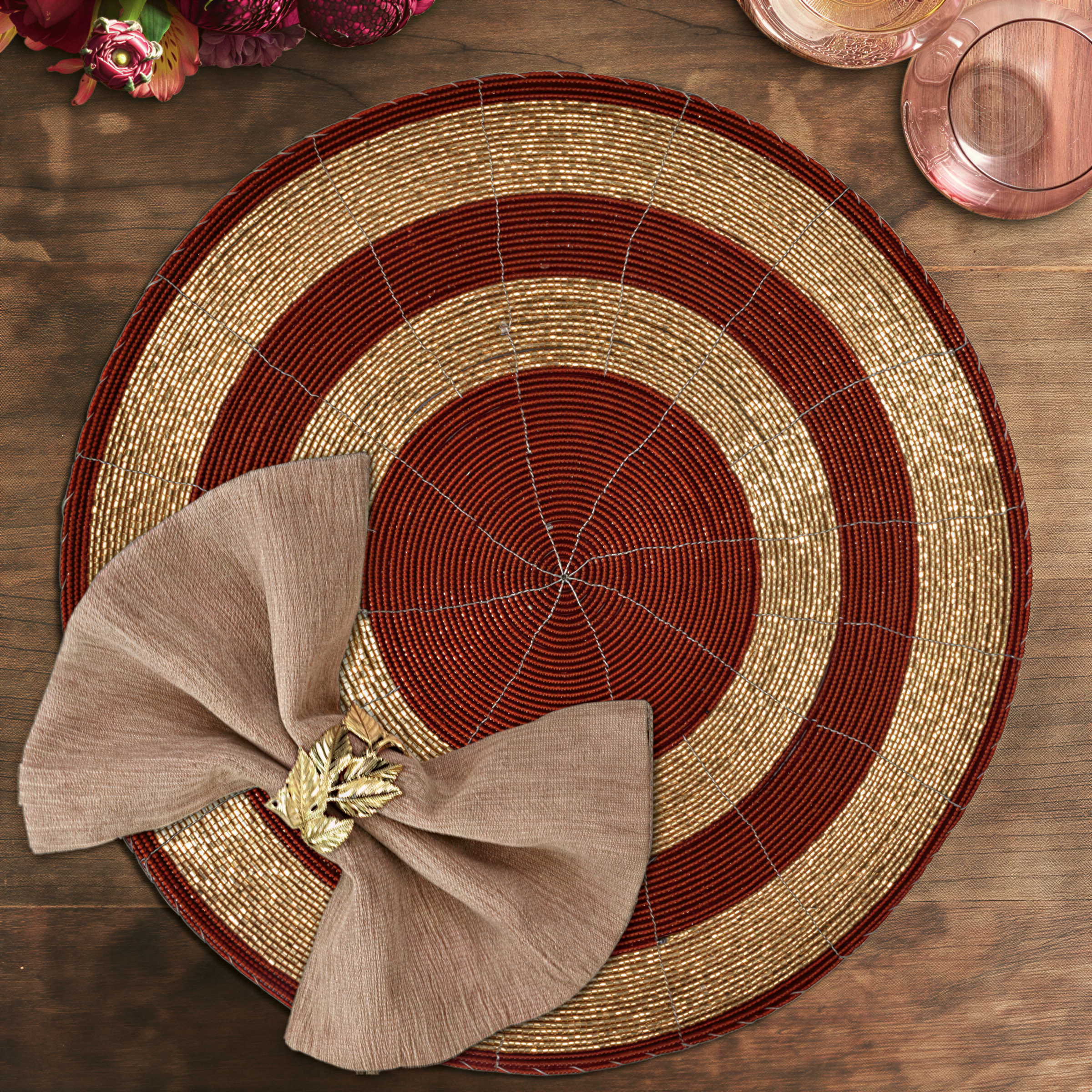 Beaded Placemats – Round Handmade Table Decor with Embroidered Beads, 14 Inch