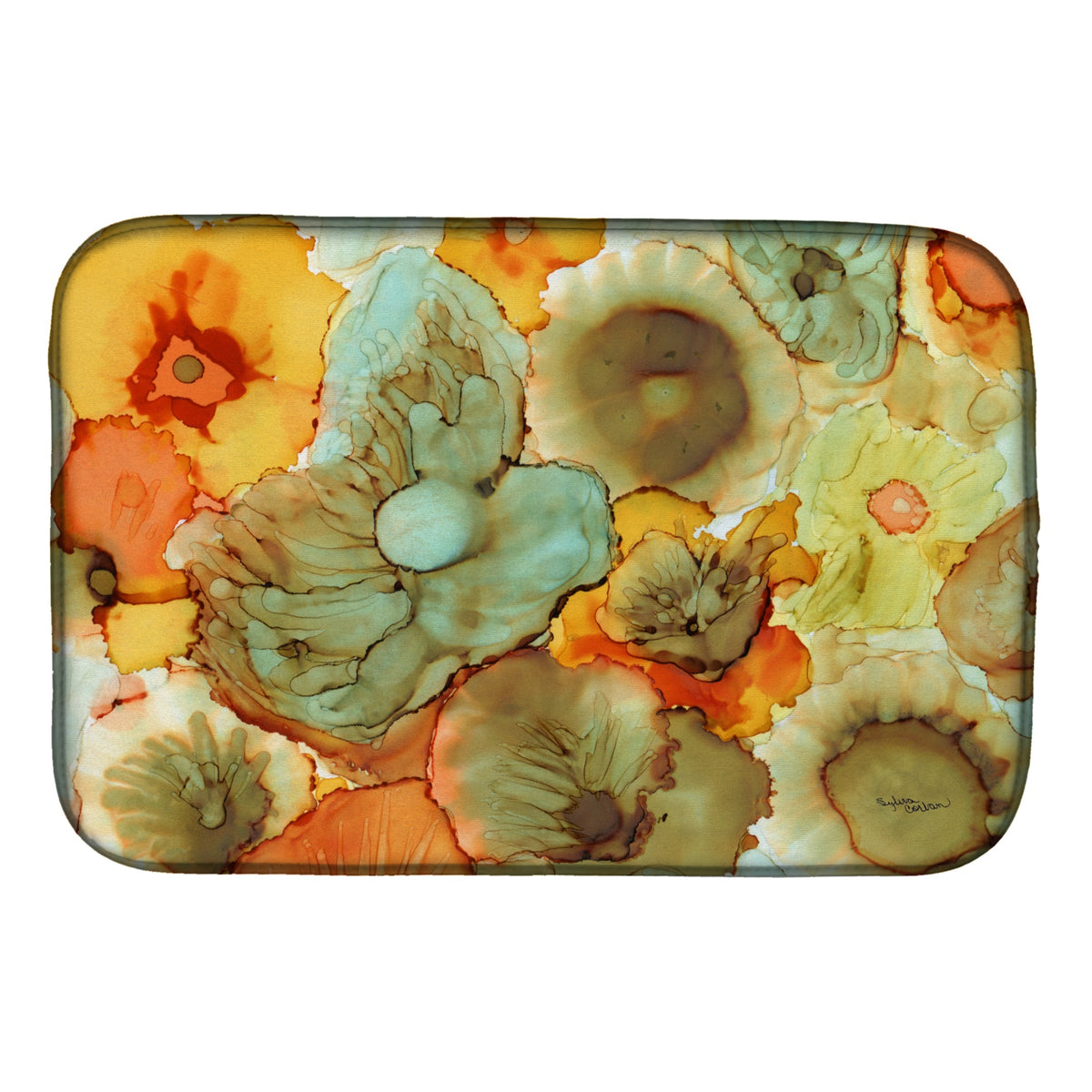 'Caroline'S Treasures Abstract Flowers Teal And Orange Dish Drying Mat, 14'''' X 21'''', Multicolor''