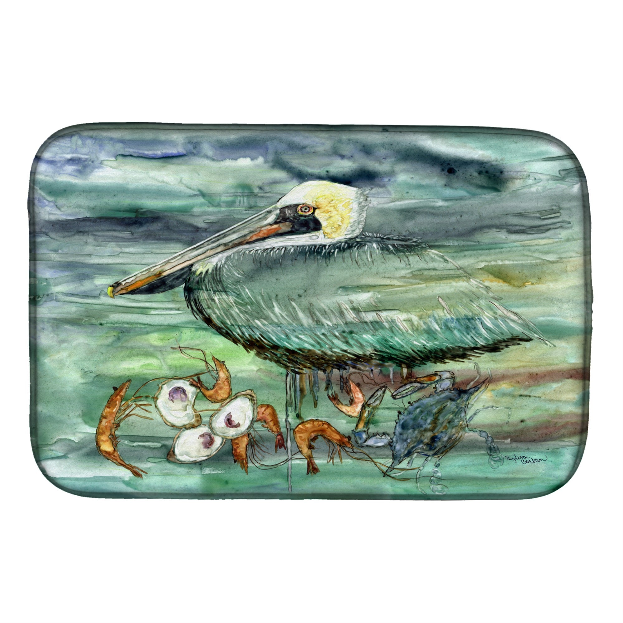 'Caroline'S Treasures Watery Pelican, Shrimp, Crab And Oysters Dish Drying Mat, 14'''' X 21'''', Multicolor''