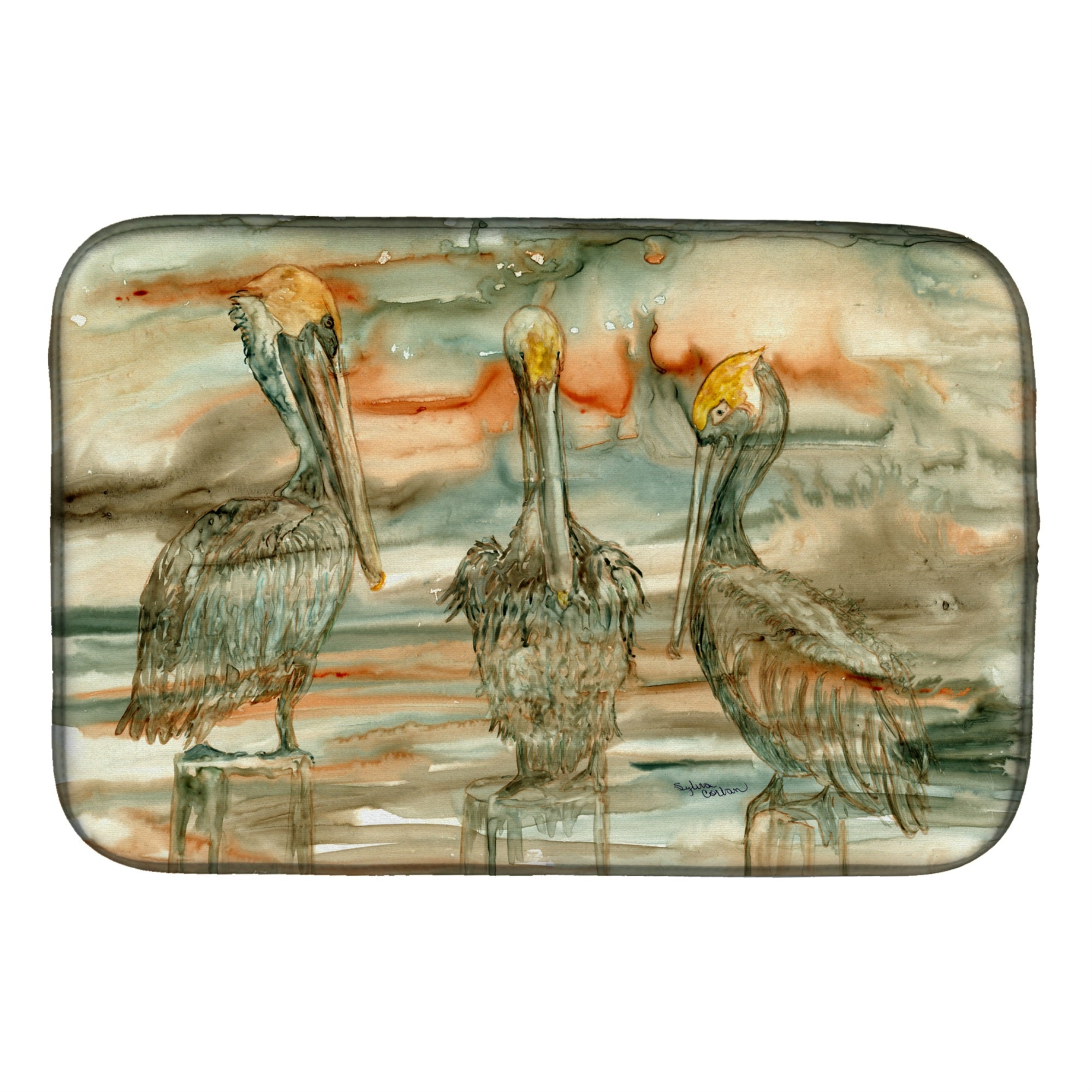 Pelicans On Their Perch Abstract Dish Drying Mat 8980Ddm