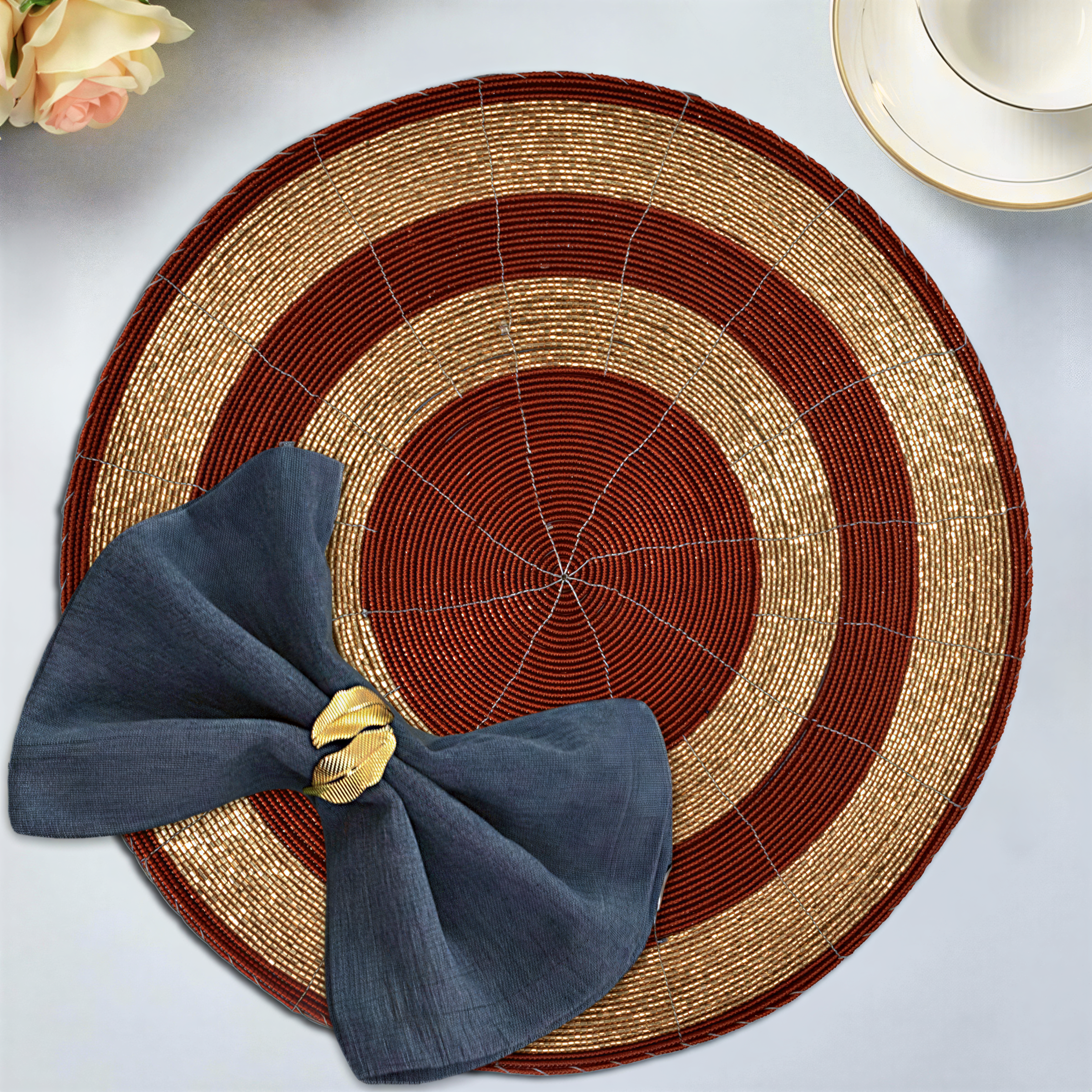Beaded Placemats – Round Handmade Table Decor with Embroidered Beads, 14 Inch