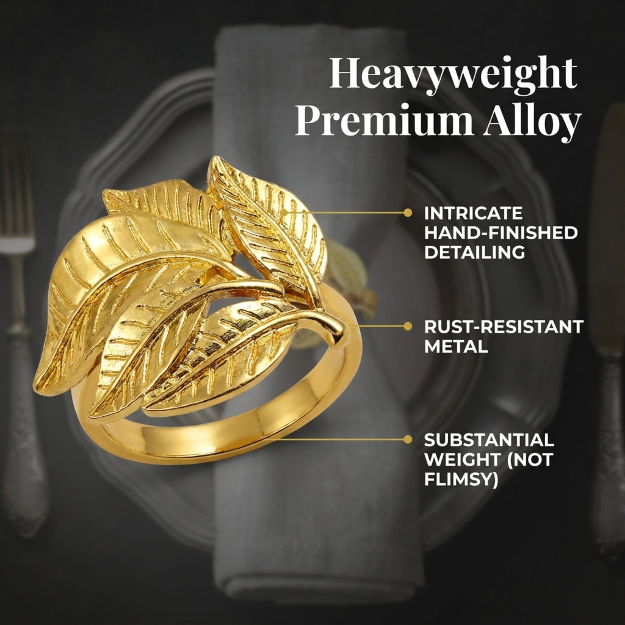 Gold Leaf Napkin Rings – Elegant Table Decor Rings | Durable Metal Set