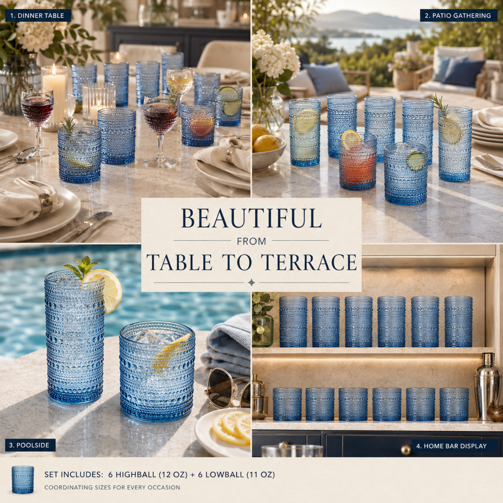 Textured Hobnail Lowball & Highball Glassware, Set of 12