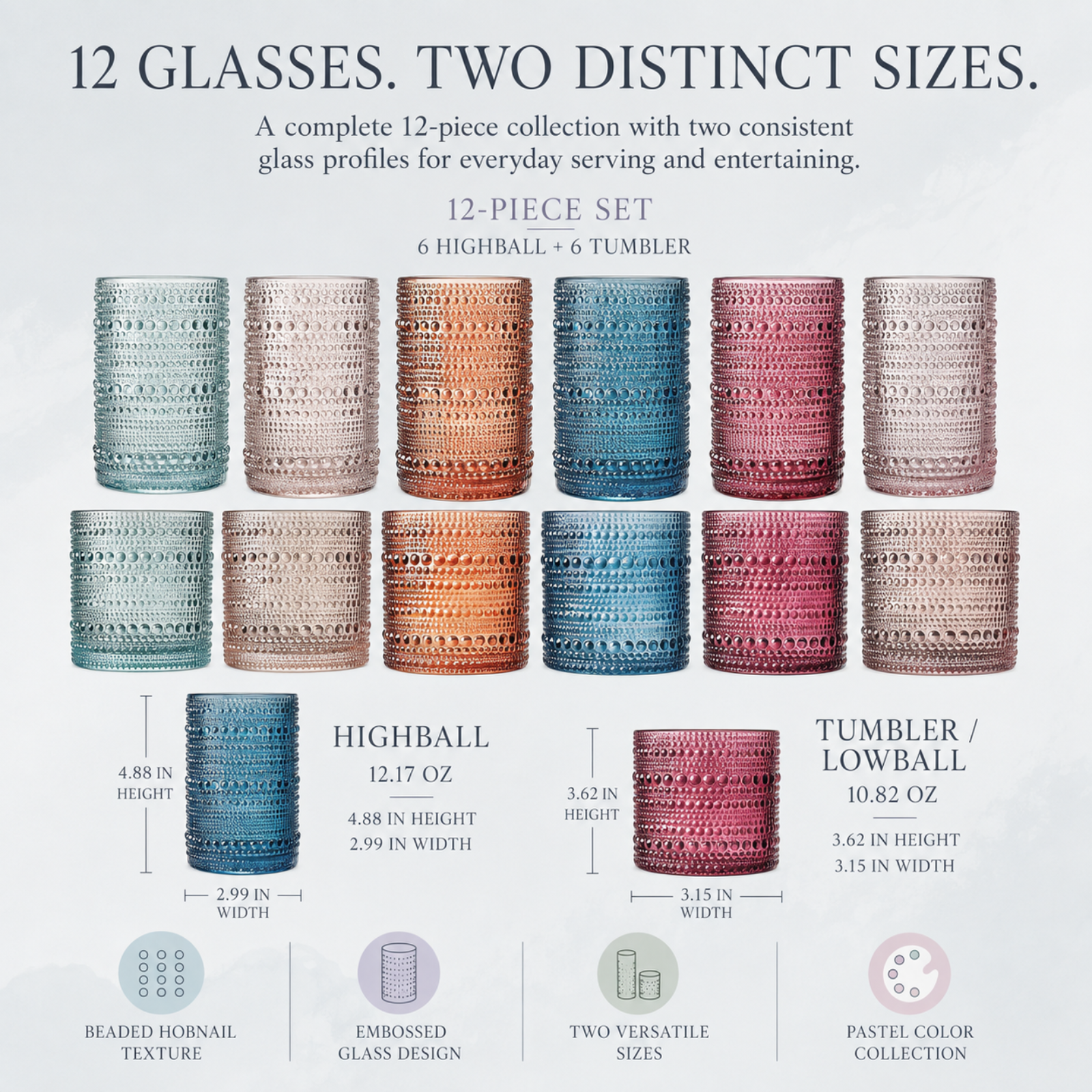 Tonal Hobnail Highball & Lowball Glassware, Set of 12