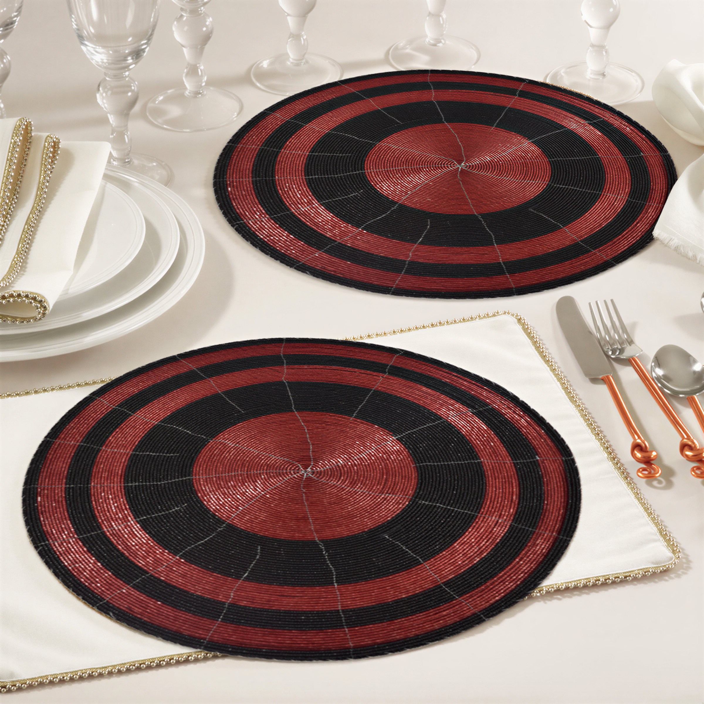 Beaded Placemats – Round Handmade Embroidered Glass Bead Table Mats 14 Inch