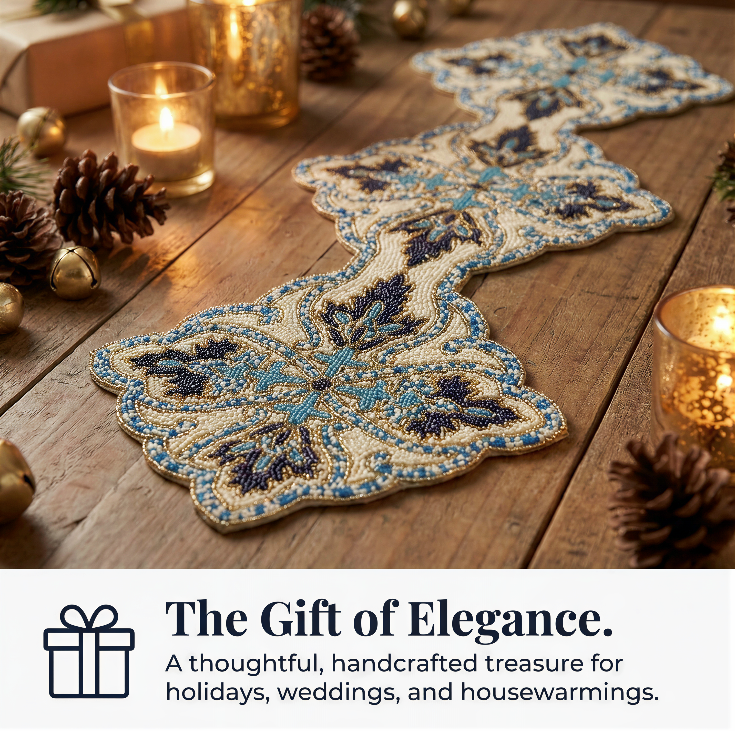 Beaded Table Runner - Blue White Satin Fabric Runner with Glass Bead Decoration, 54" x 13"