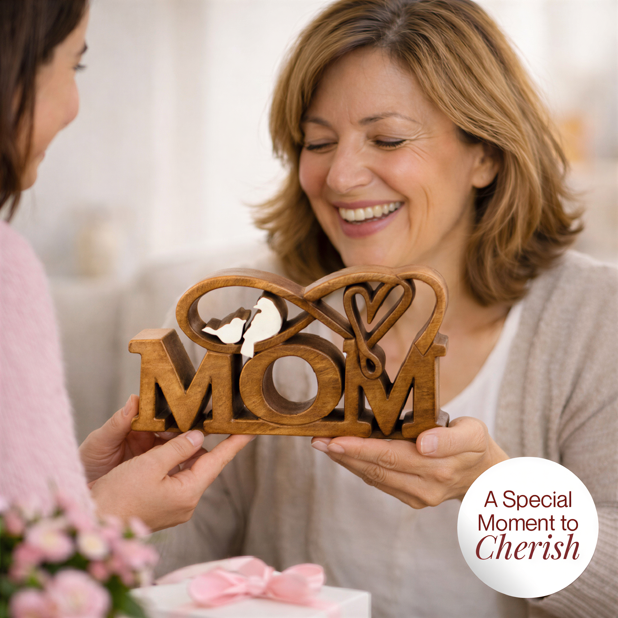 Wooden Mom Sculpture – Handmade Wooden Sign | Rustic Acacia Wood Decor Gift