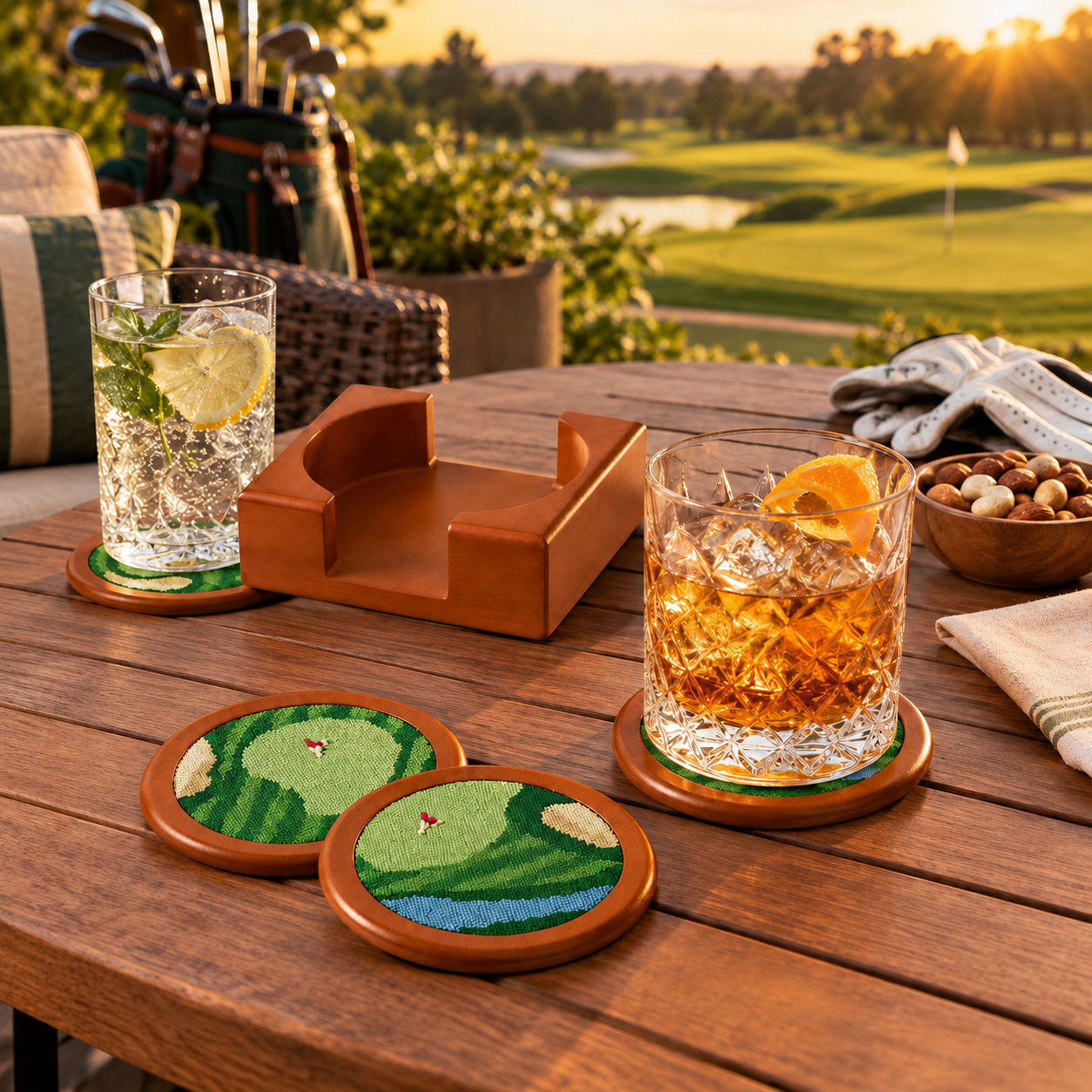 Golf Coasters, Durable Wooden Drink Coasters with Holder