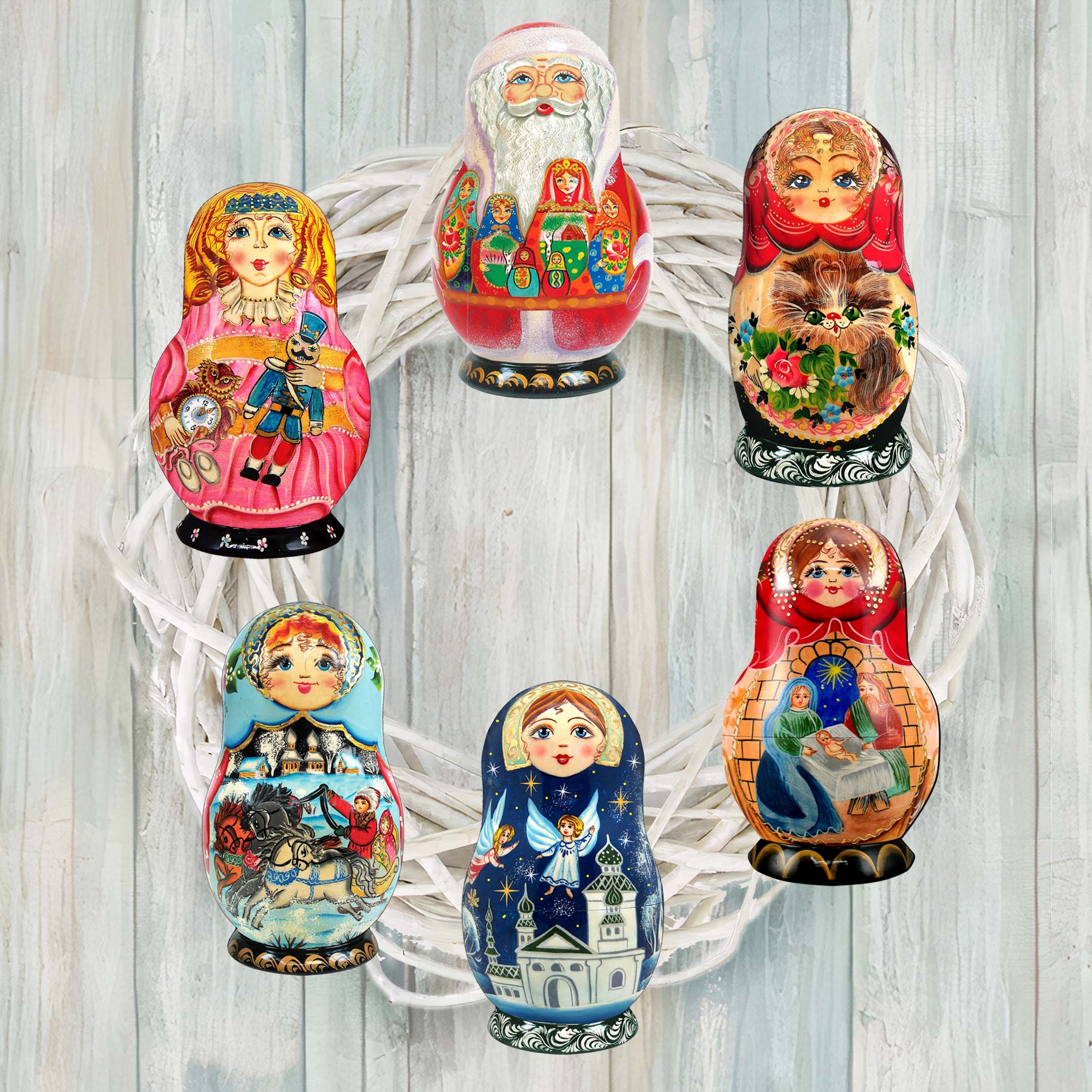 Nested Dolls Clip-On Eco Wood Decorative Ornaments Set of 6 by G. Debrekht - Christmas Decor - 8090130C-S6